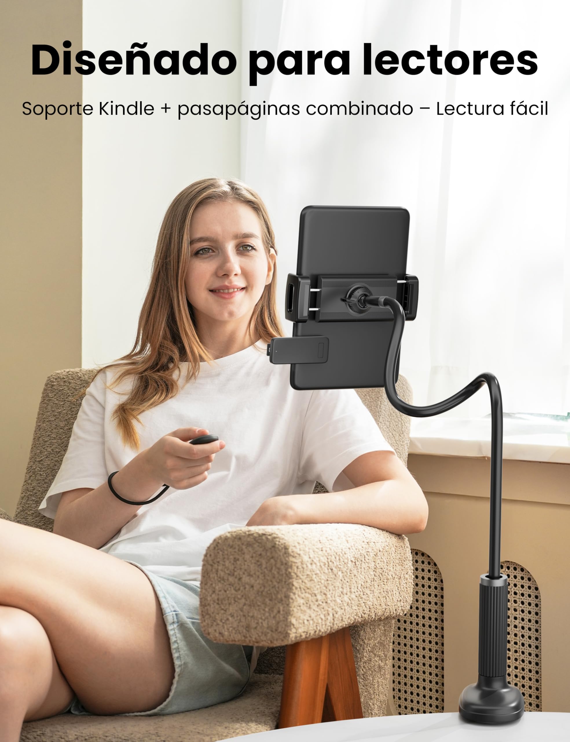 VOLTIFYMAX Soporte para Tablet con Pasapáginas Kindle para Leer en la Cama, Brazo Ajustable de Cuello de Cisne para Accesorios Kindle/Tabletas/iPhone 4.7''-11'', Ideal para Entusiastas de E-readers