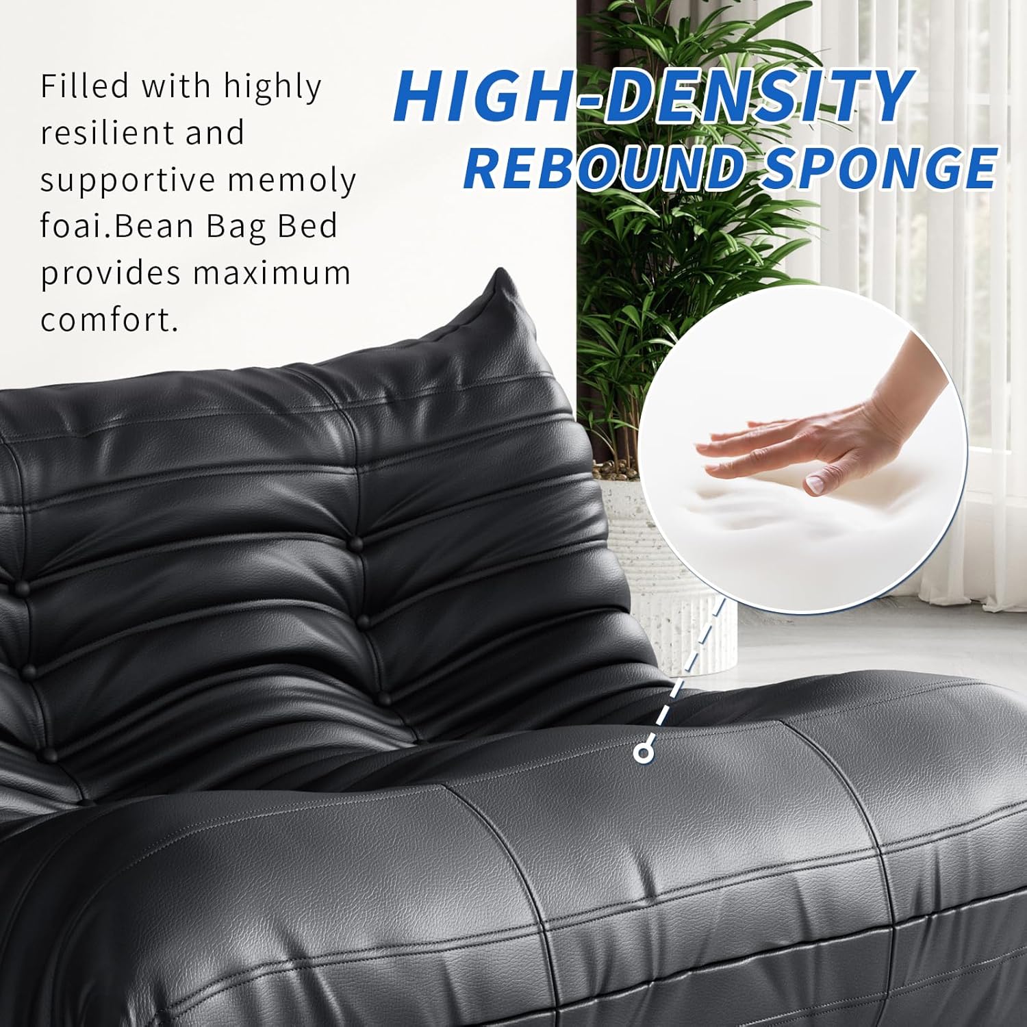 Fireside Corner Bean Bag Chairs for Adults,Comfy Lazy Floor Sofa Couch, Soft Lounge Foam-Filled Couches Loveseat Chair for Living Room Bedroom Office,Black