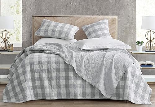 Miniatura 2 de Chezmoi Collection Juego de edredón de algodón a cuadros grises y blancos de 3 piezas, colcha reversible a cuadros de búfalo, colcha ligera de