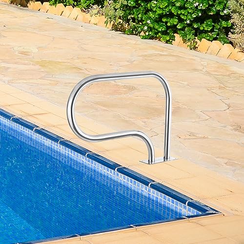 Miniatura 4 de VINGLI Barandilla de mano para piscina, escalera de piscina de acero inoxidable de 3 curvas, pasamanos dobles para piscina enterrada con placa de