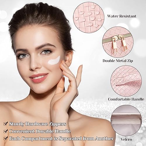 Miniatura 3 de SFXULIX Large Capacity Travel Cosmetic Bag - Makeup Bag, PU Leather Waterproof Cosmetic Bag, Women Portable Travel Makeup Bag With Handle and