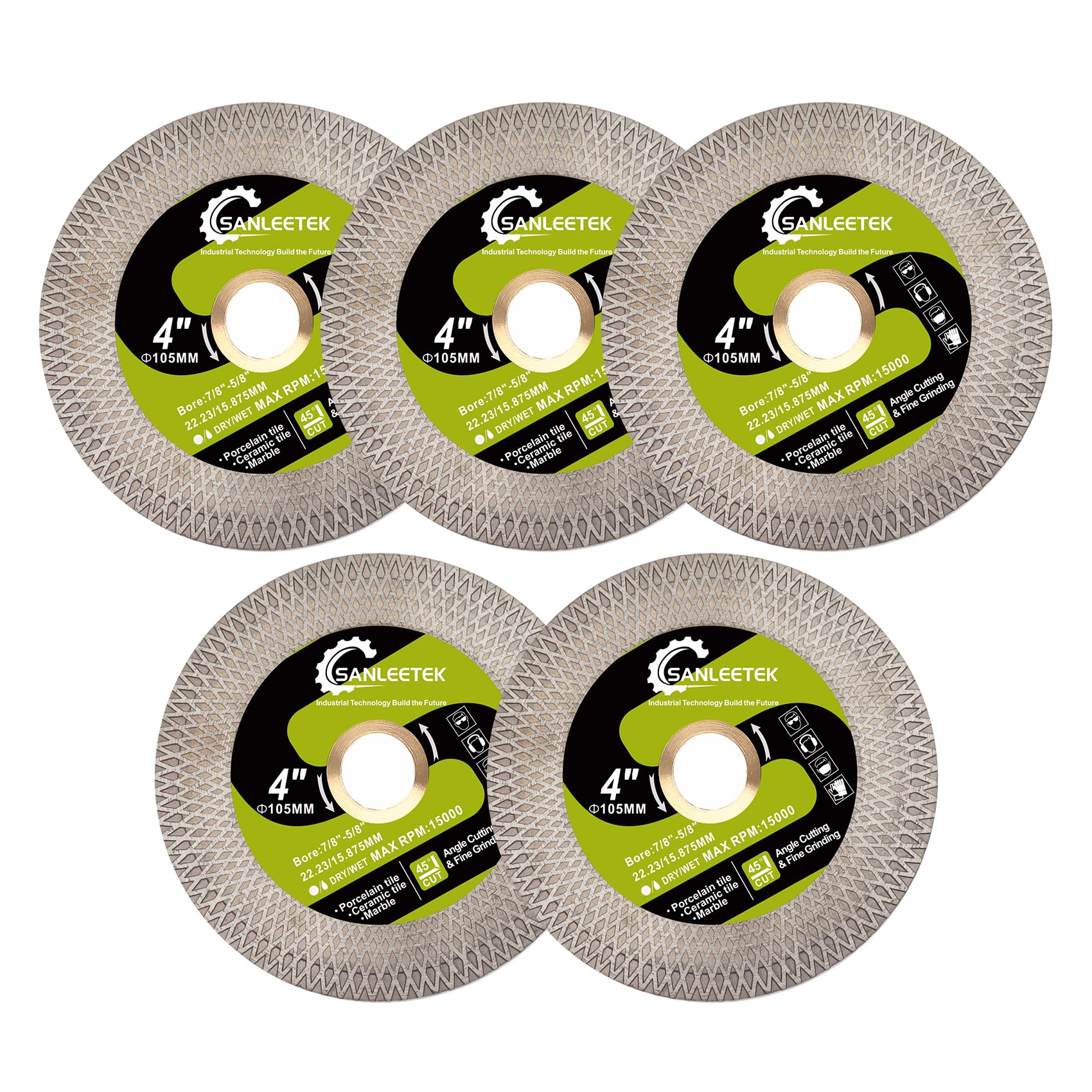 Diamond Tile Saw Blade SANLEETEK - 5pcs 105mm Diamond Cutting Grinding Disc for Porcelain Ceramic Tile Marble Artificial Stone with Double-sided X Mesh Rim