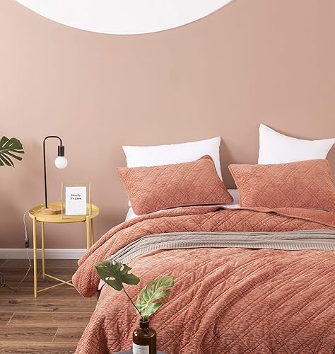 Miniatura 2 de DaDalogy Bedding - Juego de colcha de pana color naranja terracota, manta terrosa rústica y cálida coral ladrillo  Terciopelo suave ligero cosido