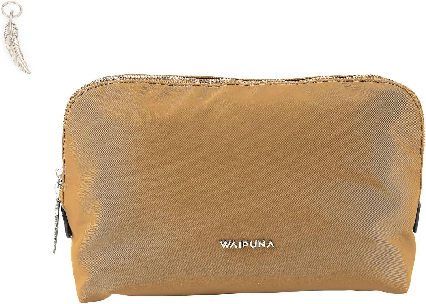 Large Cosmetics Case With Accessory Pocket by Waipuna from high-quality nylon Wash Bag with Key Chain Brown PU Leather Makeup Bag with Beautiful Detail beige camel / camel
