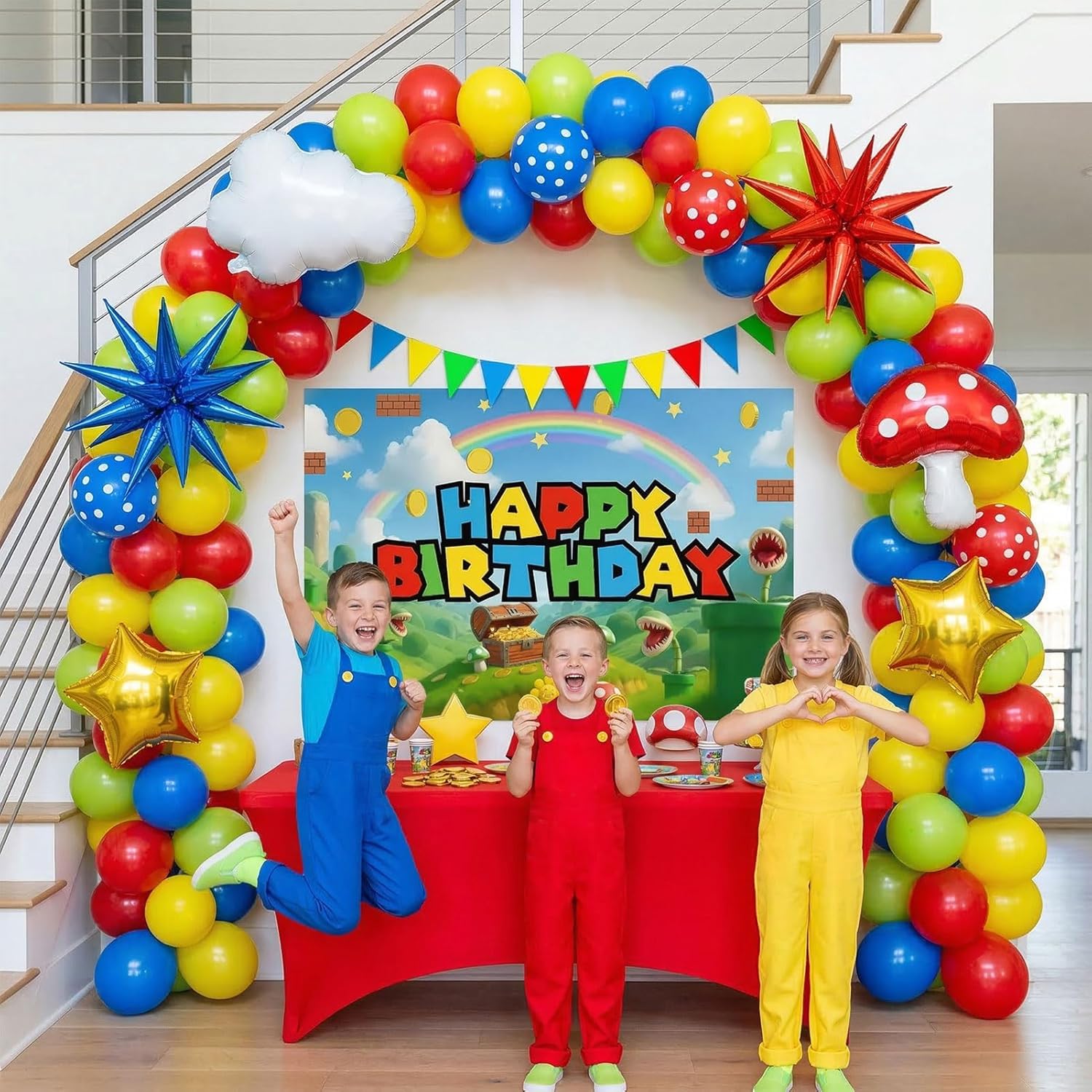 Super Bros Themed Adventure Party Decorations Kit Red Blue Green Yellow Balloons Cloud Star Mushroom Foil Set Matching Banner Happy Birthday Backdrop for Kids & Gamers Celebration Supplies