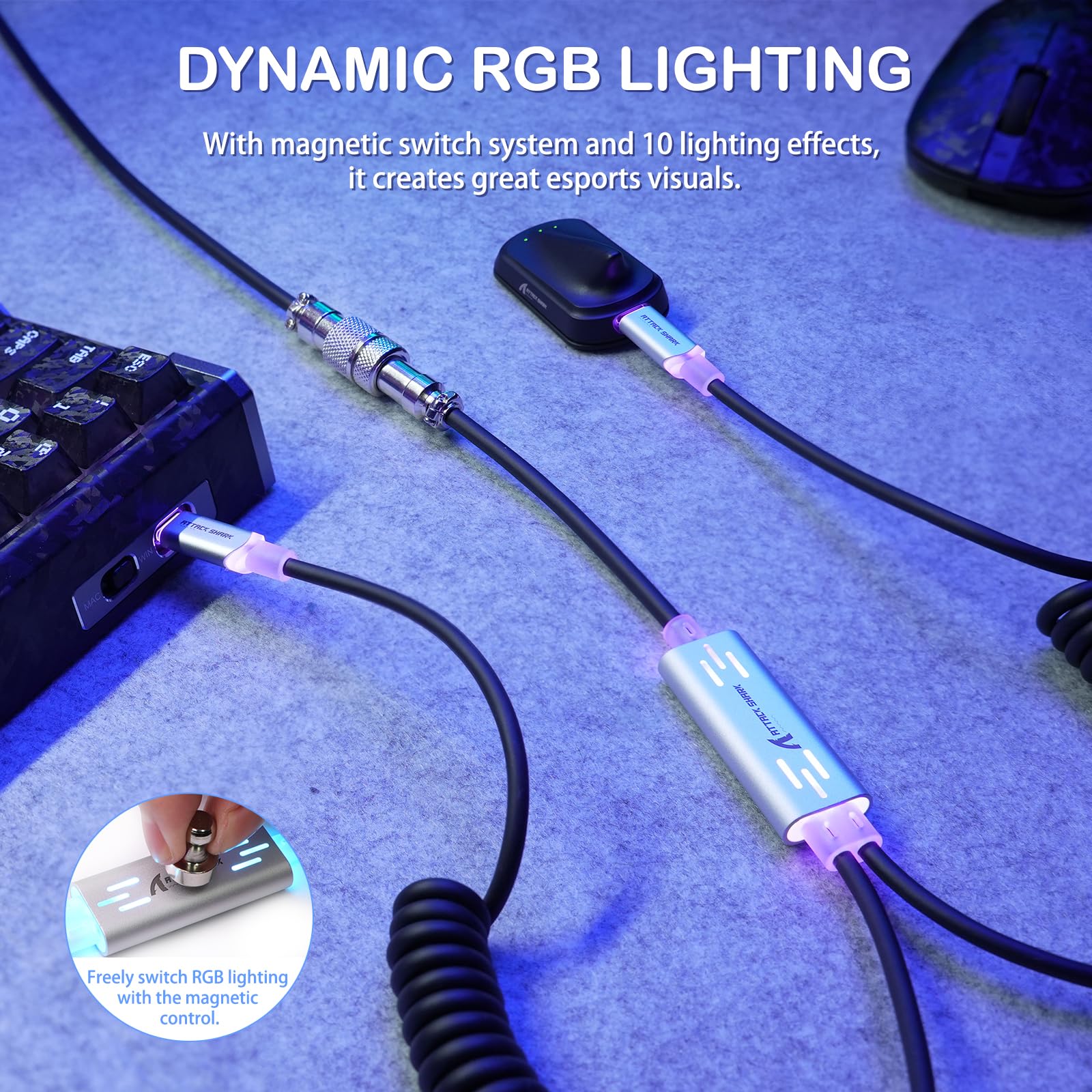 MAMBASNAKE X ATTACK SHARK C08 Kabel Spiralny Klawiatury 2 W 1 Typu C, 8KHz & Szybki Spust, Magnetyczne Światło RGB, Stalowe Złącze Lotnicze, Kabel Danych I Szybkiego Ładowania USB C Do USB A (Czarny)