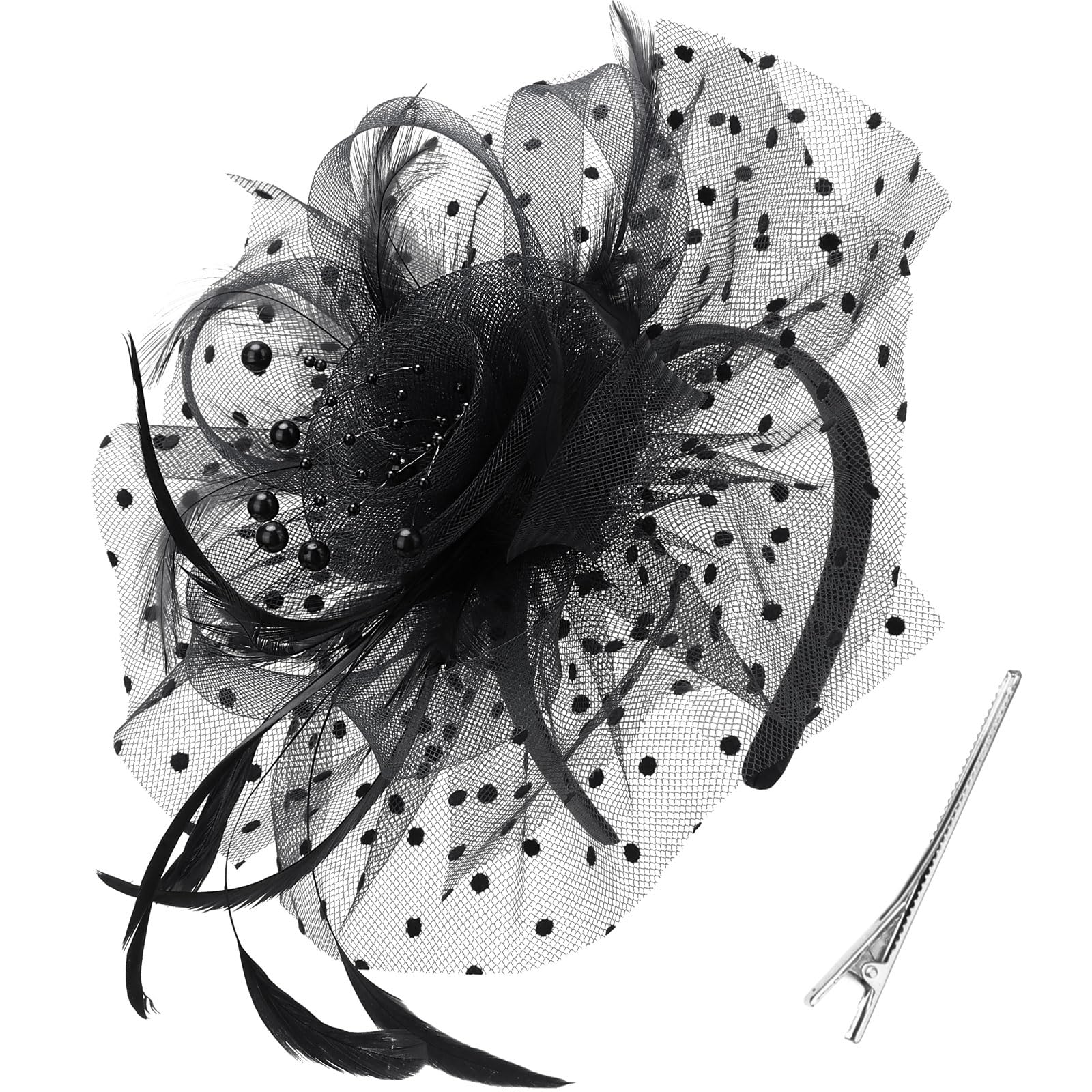 DRESHOWFascinators Hat Flower Mesh Ribbons Feathers on a Headband and a Clip Tea Party Headwear for Girls and Women