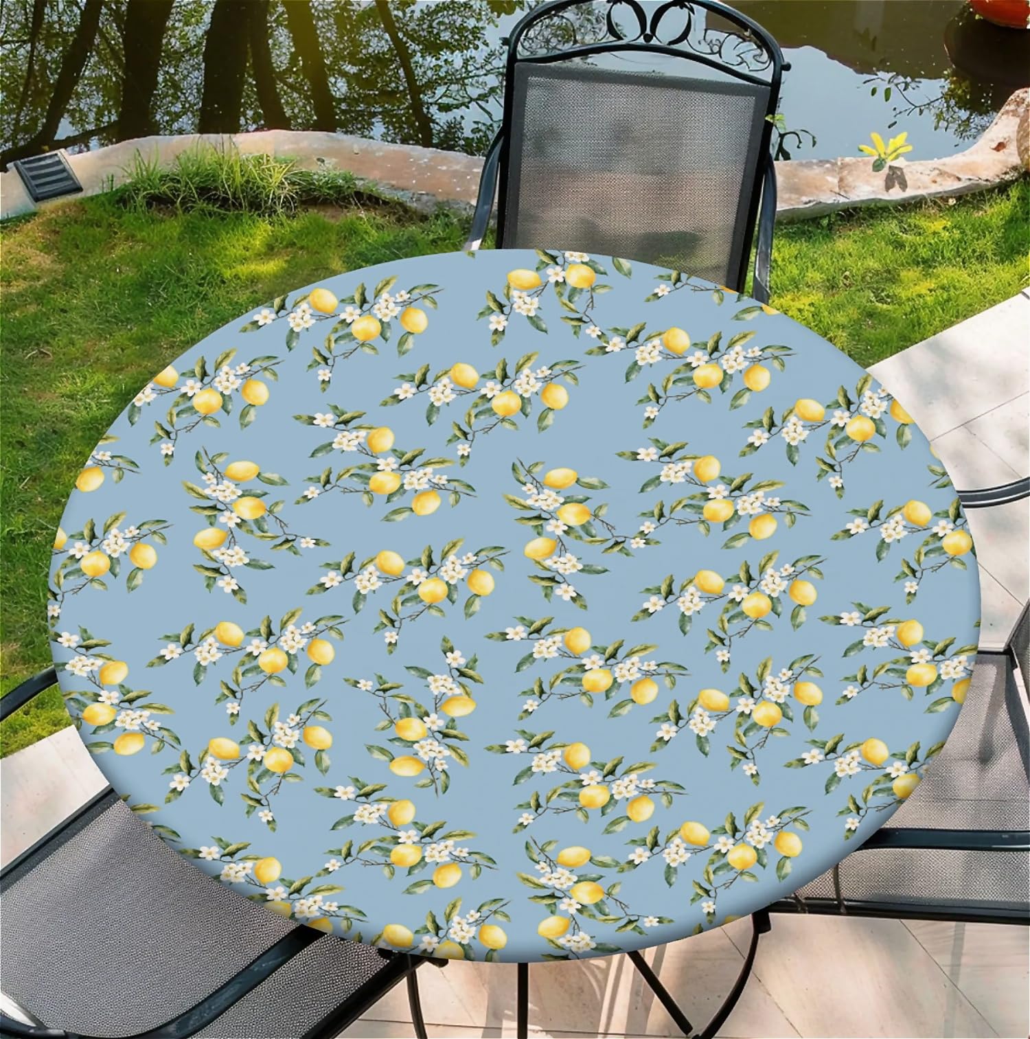 ARTSGOO Round Fitted Tablecloth with Elastic Edge Design Waterproof Outdoor Fitted Table Cover Wipeable Table Cloth for 36" Round Tables - Lemon