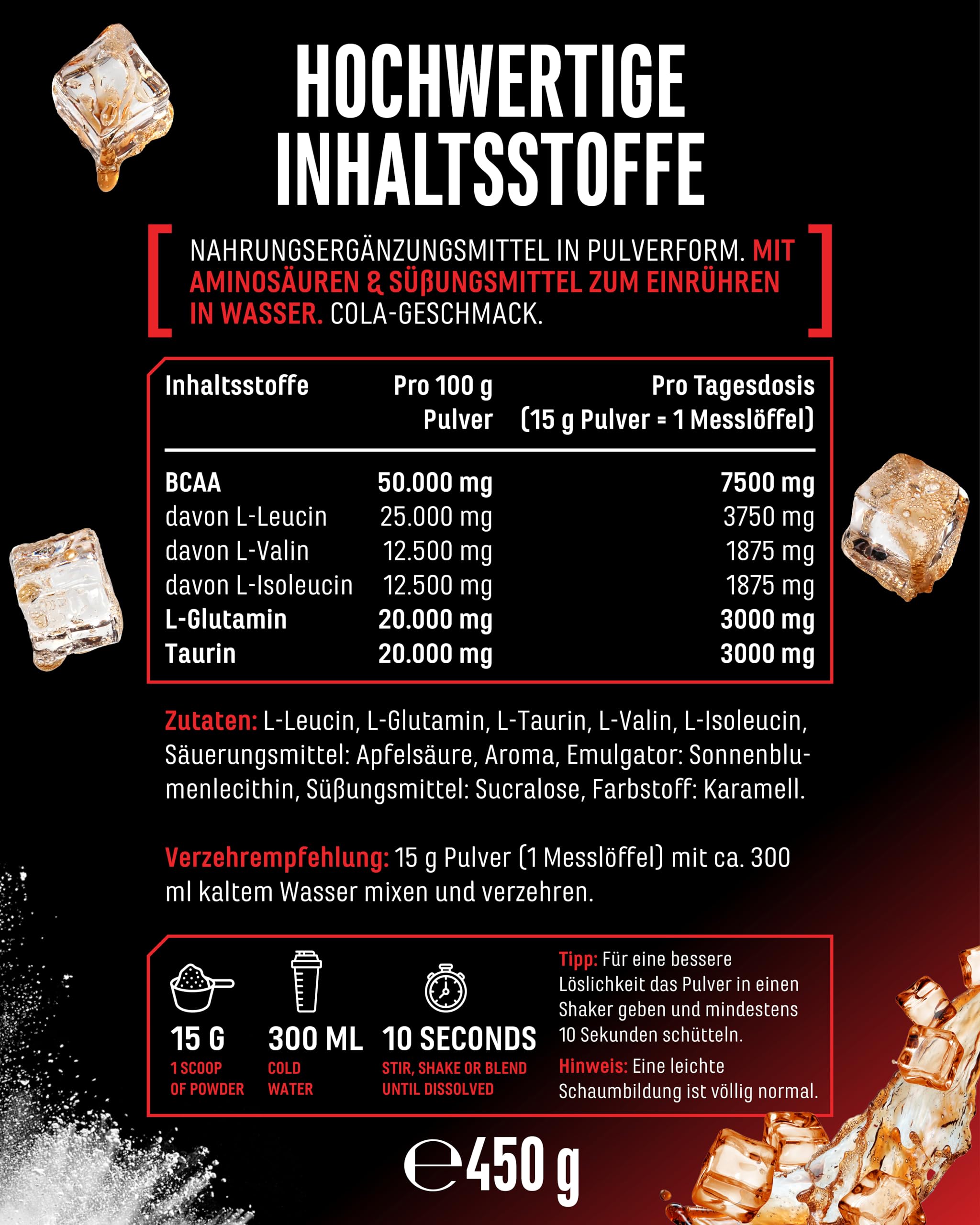 Advanced BCAA Pulver 450 g - 2:1:1 Aminosäuren mit L-Glutamin & Taurin - Instant BCAA, sehr gute Löslichkeit & Geschmack - Vegan - 30 Portionen (Cola) | mit Taurin & Glutamin, Cola, 13.500 mg Aminosäuren pro Portion, Instant löslich, vegan, 30 Portionen