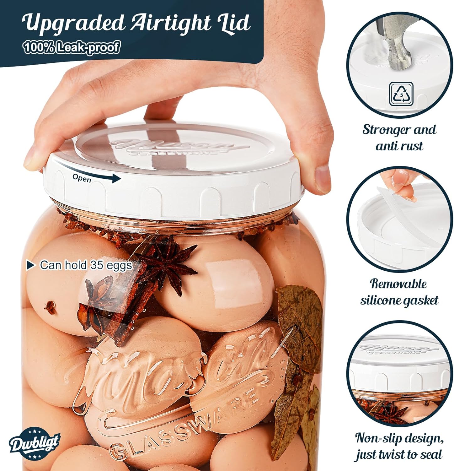 2 Pack Wide Mouth Mason Jars with Airtight Lid and Silicone Ring - 1 Gallon Large Glass Containers for Food Storage like Flour Sugar, Sun Tea, Kombucha, Refrigerator Safe Fermentation Jar