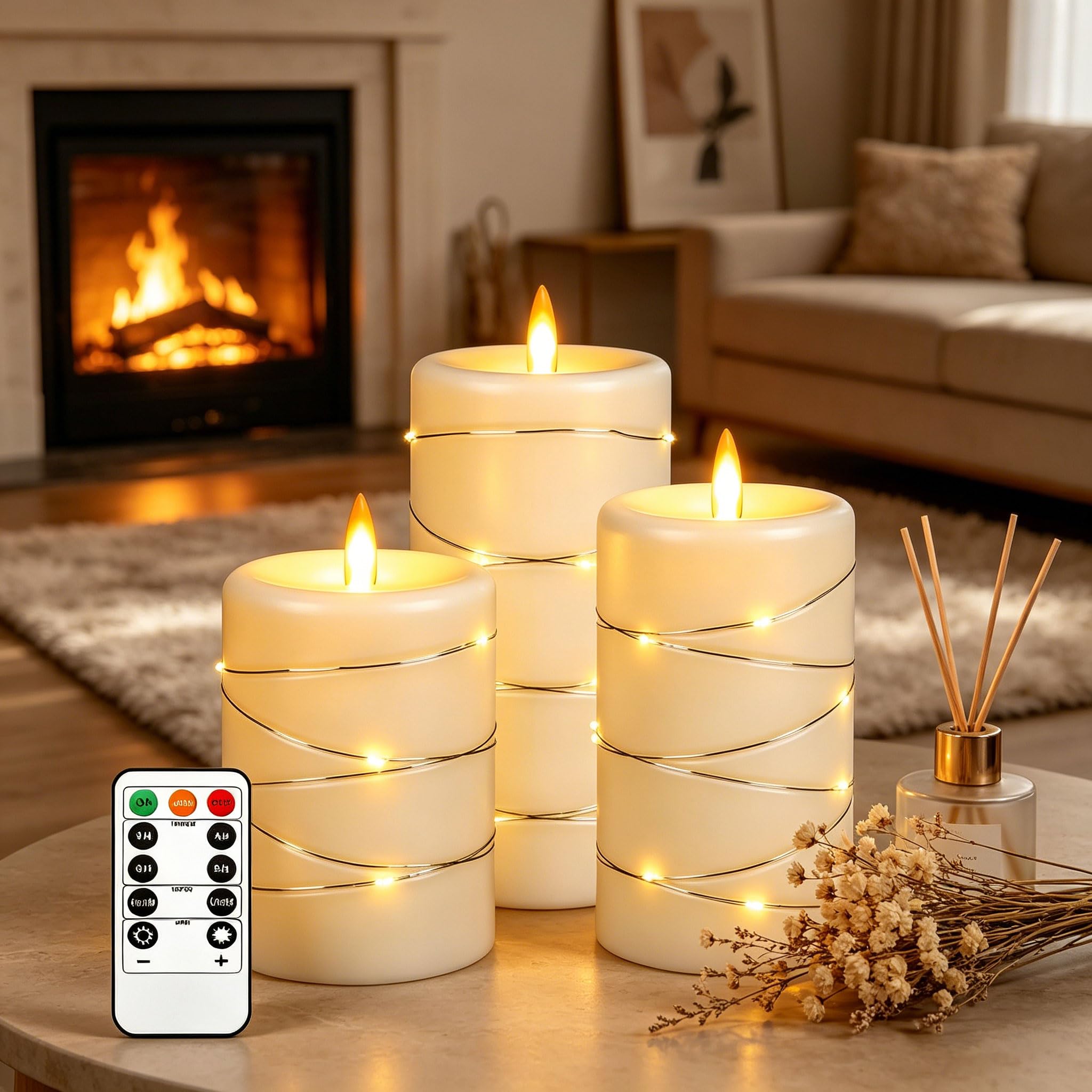 Da by 3 Stück ABS LED Kerzen mit Kupferlichtkette, Realistische Flackernde Flamme, Batteriebetriebene Kerzen mit Fernbedienung, Hitzebeständig & Wiederverwendbar für Innen- und Außendekoration