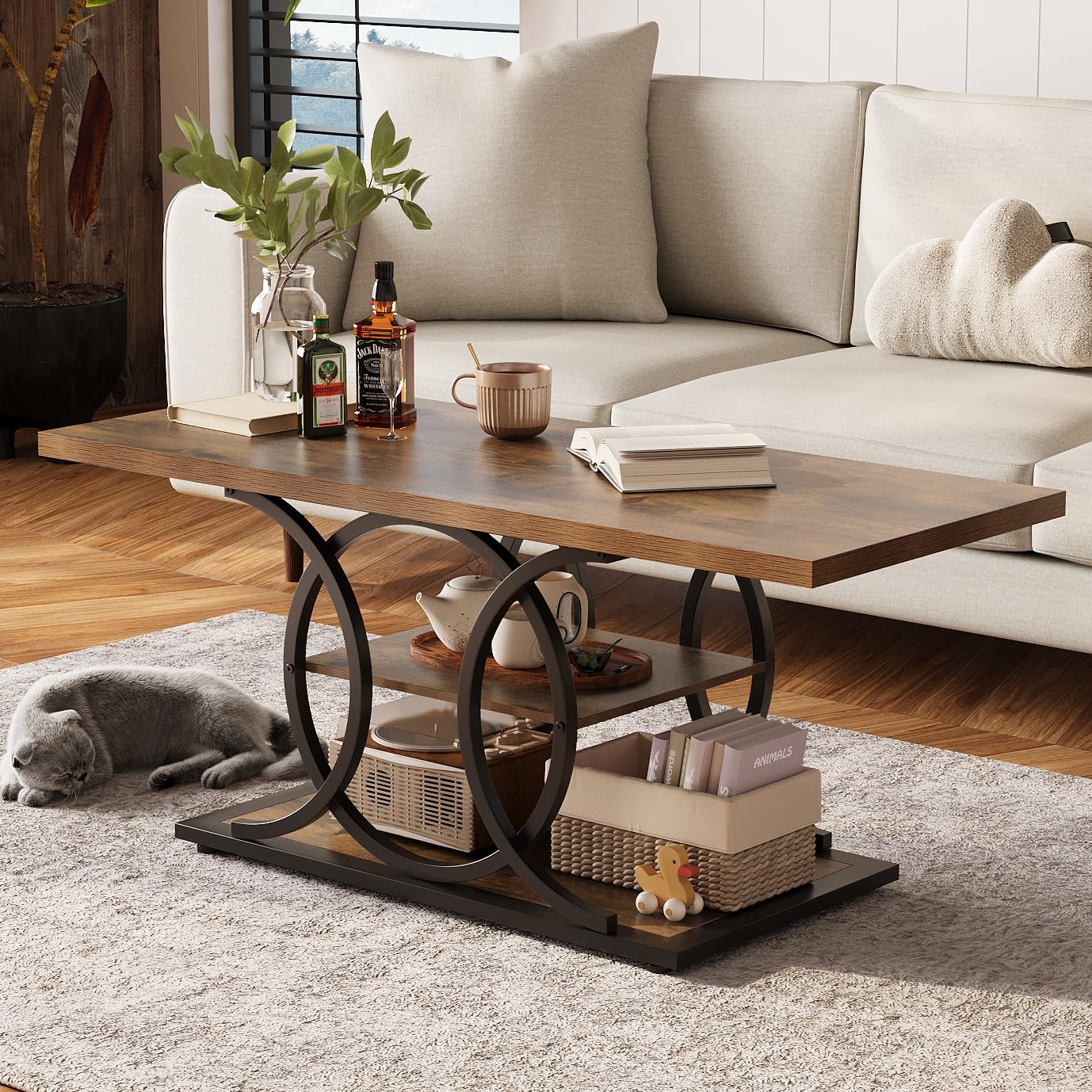 GiftGo Rustic Coffee Table with Storage Industrial 3 Tier Center Living Room Table Farmhouse Wooden Rectangle Cocktail Tea