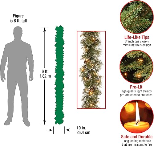 Miniatura 3 de National Tree Company Guirnalda de Navidad artificial preiluminada, verde, pino de cerdas brillantes, luces blancas, decorada con piñas, funciona