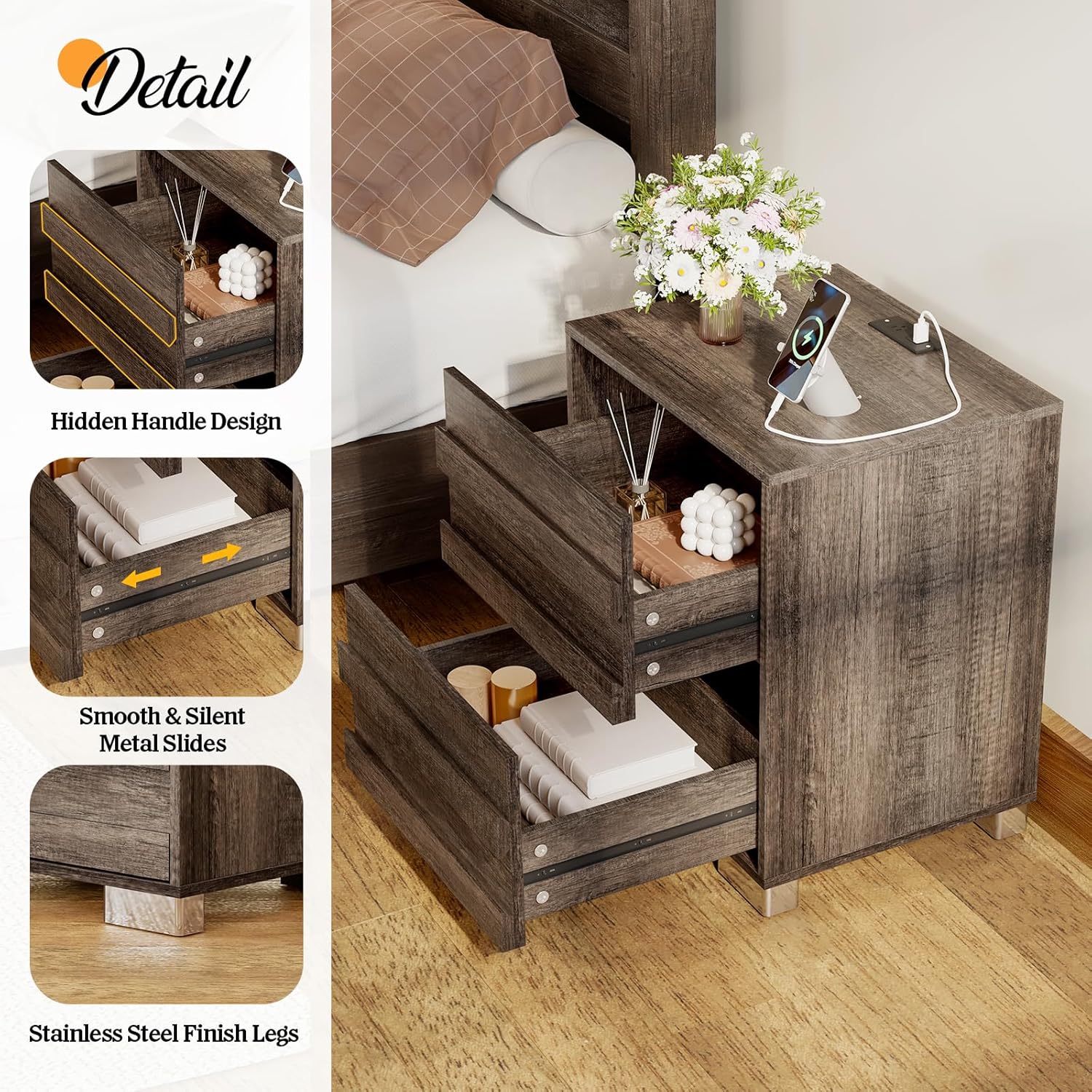 Albott 3-Piece Farmhouse Bedroom Set, Queen Bed Frame with Slatted Headboard and 2 Nightstands with USB Charging Ports, Rustic Grey