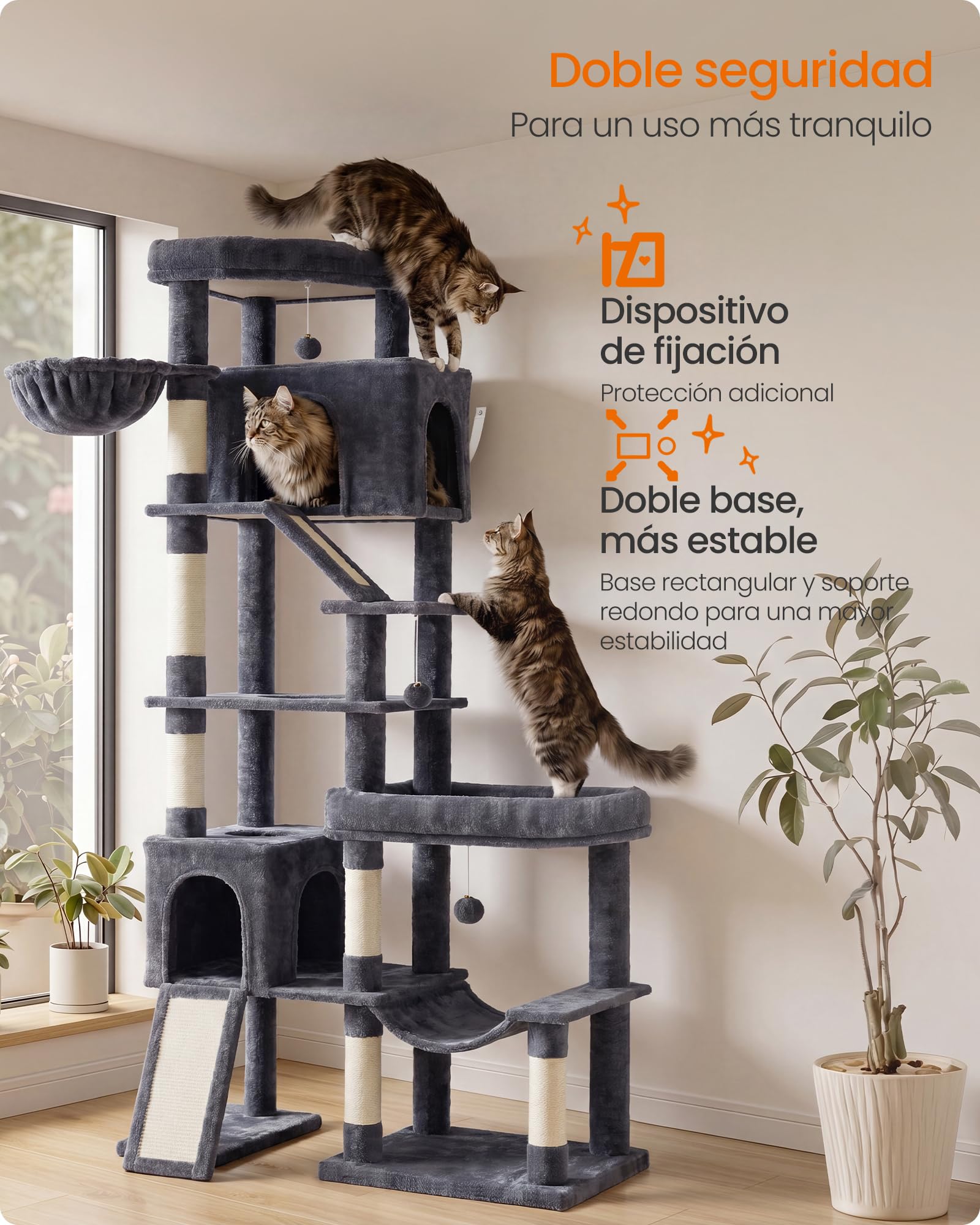Feandrea Árbol para Gatos XXL, Torre con Postes de Sisal, Rascador con Base Doble, 105 x 45 x 202 cm, Gris Oscuro, para Gatos Grandes y Varios Felinos, Colección Clawfy PCT020G201