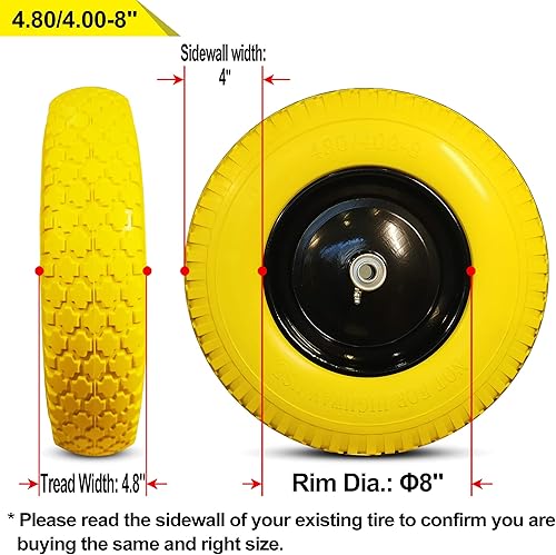 Miniatura 2 de HORSESHOE Carretilla 4.80 4.00-8 sin plano 4.80/4.00-8 neumáticos amarillos y ruedas con ajuste de grasa, cubo centrado de 3 pulgadas, rodamientos
