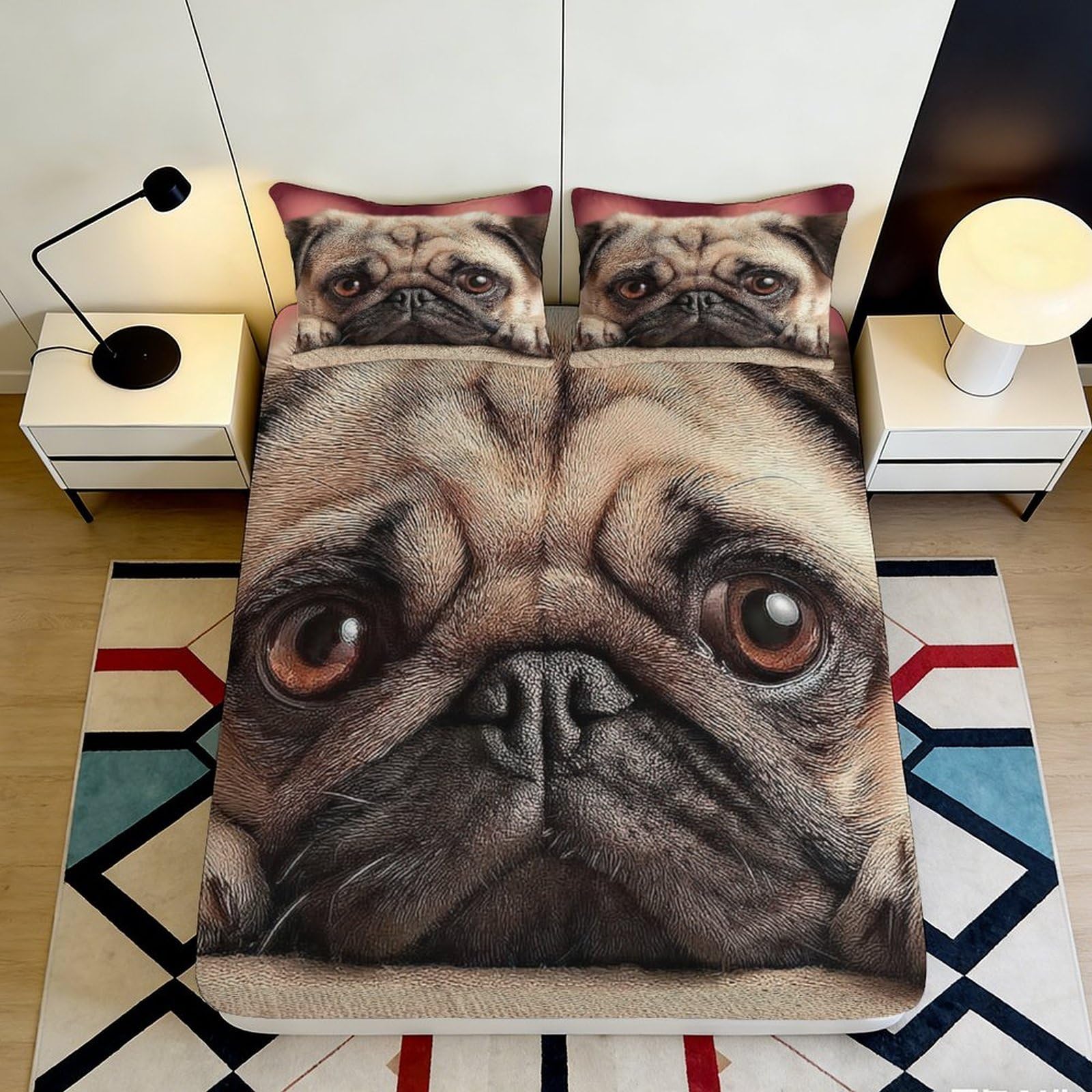 3D Printed Pug Face Fitted Sheet Microfiber Non-Slip Bed Cover for Bedroom Dorm Mattress Protection Decor 160x200x25cm