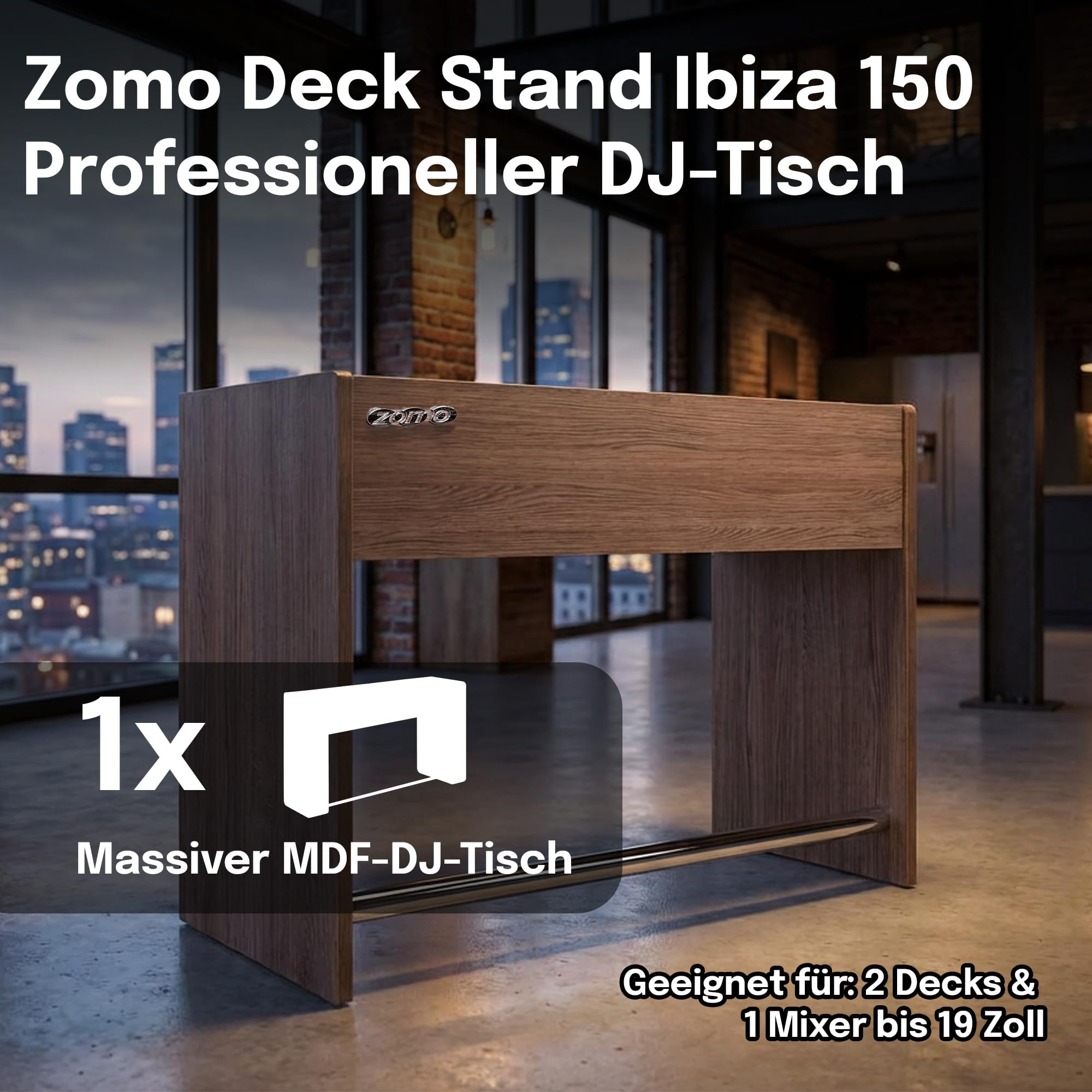 Zomo Deck Stand Ibiza 150 - DJ Tisch 153 x 50,6 x 96 cm - Walnuss - MDF Holz - 46,1 kg - für 2 Decks und einen Mixer bis 19 Zoll