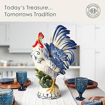 Fitz and Floyd Ceramic Rooster Figurine, Sicily Blue, 20-Inch