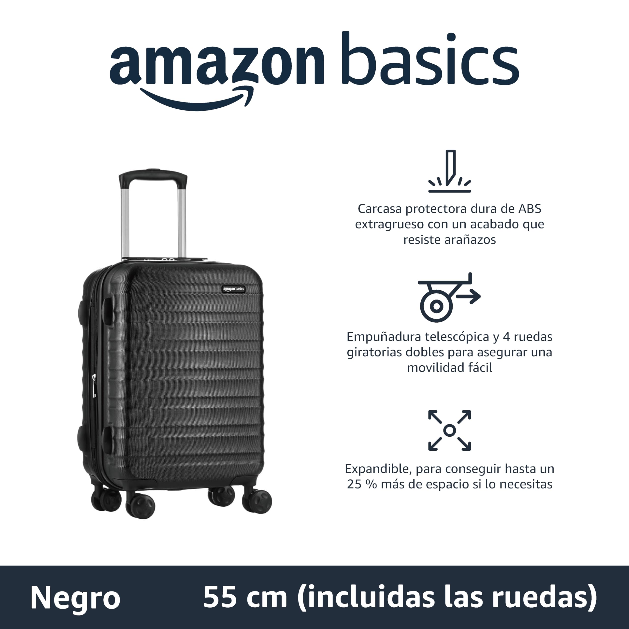 Amazon Basics Maleta Rígida Pequeña - Equipaje de Mano Extensible ABS con 4 Ruedas Dobles Giratorias - Resistente a Arañazos y Ligera - 55 x 37,5 x 25,5cm - Negro
