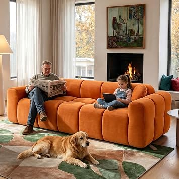 Sectional Sofa, 4-Seater Modern Cloud Couch with Deep Seating, 1-Shaped Linen Fabric Sofa with Throw Pillows, Comfy Oversized Floor Sofa for Living Room, Apartment Orange