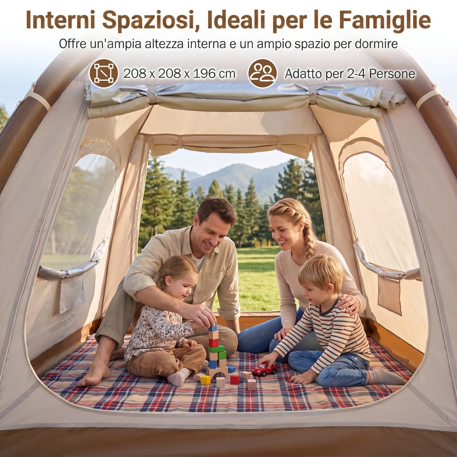 COSTWAY Tenda da Campeggio Gonfiabile per 4 Persone, Tenda da Spiaggia con Poma, 2 Porte, Lucernario e Finestre, in Tessuto Impermeabile, con Copertura Rimovibile e Borsa, 208 x 208 x 196 cm