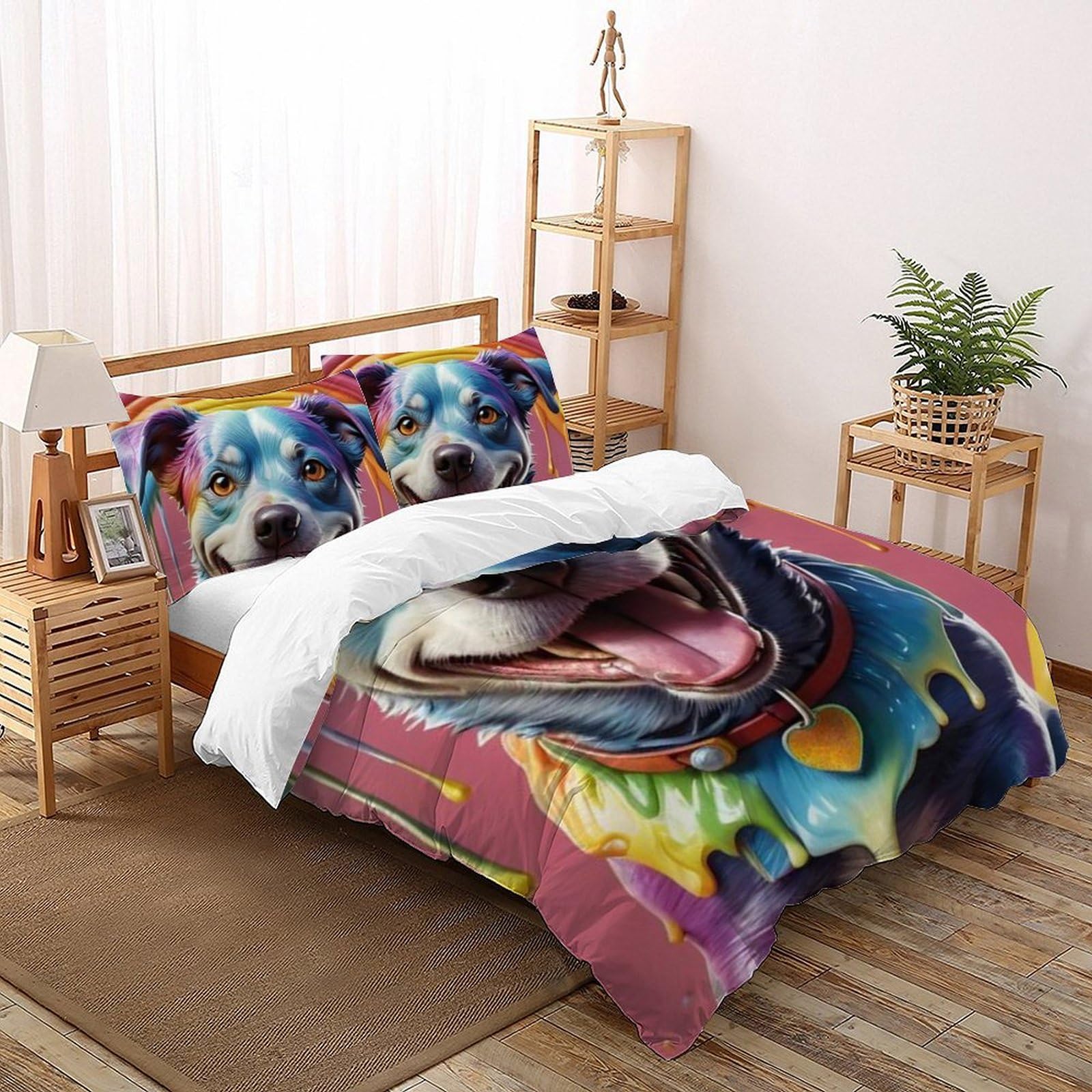 Housse de couette King motif chiot coloré en microfibre 220x240 cm avec fermeture éclair