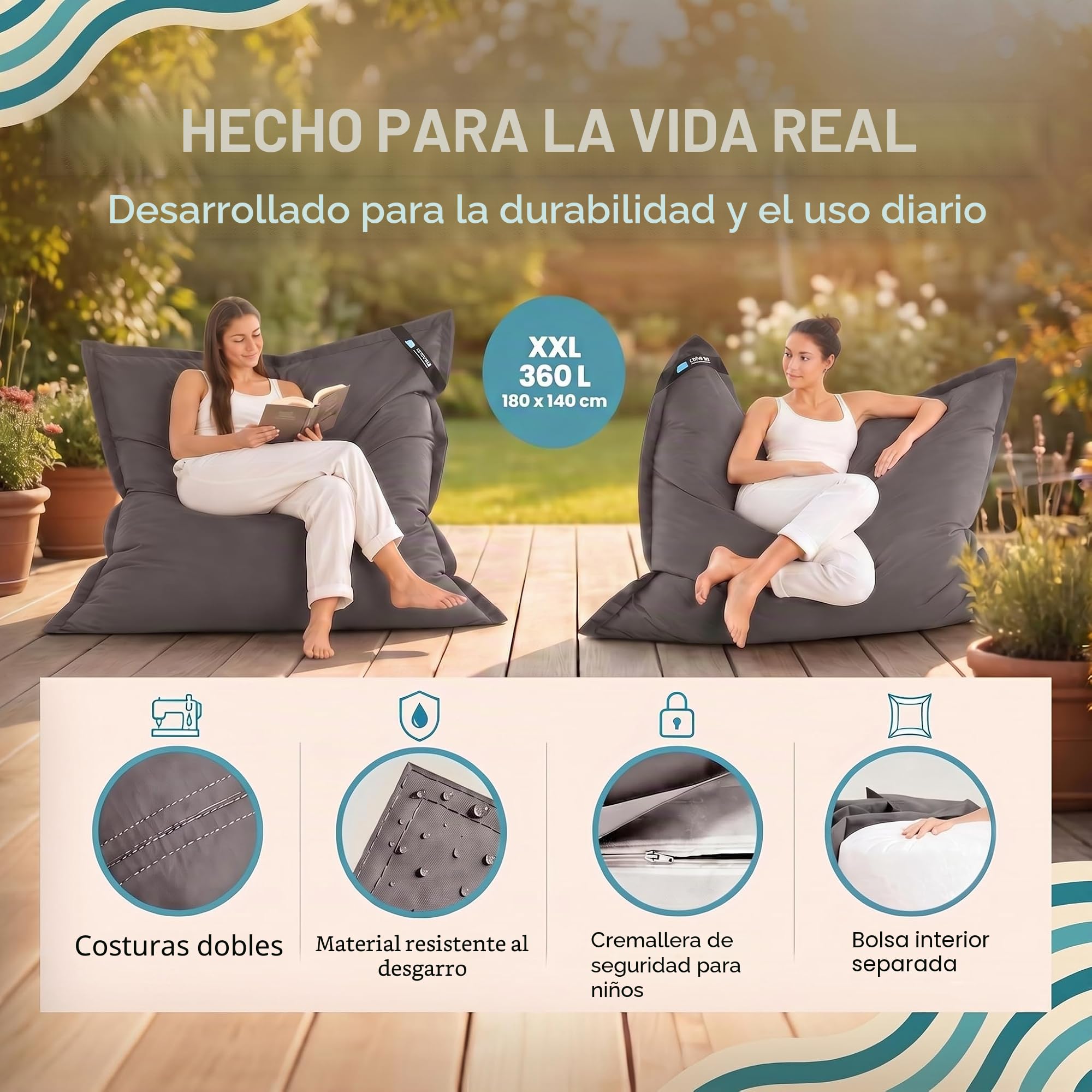 Grande Puff XXL Silla para Interior y Exterior Bean-Bag de Sala de Estar, balcón, jardín, Bolsa de Frijoles 400L Silla Gigante Puf niños y Adultos 180 x 140cm (Nylon, Gris Oscuro)