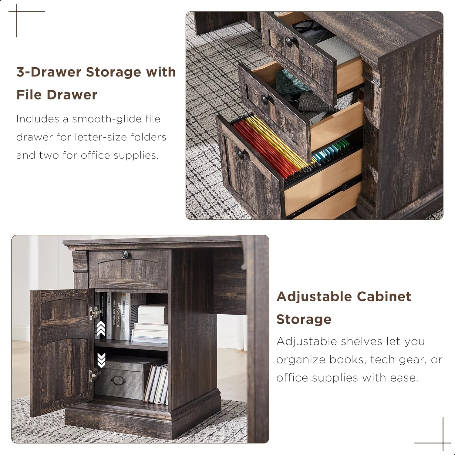 Desk drawers including a file drawer and a cabinet with an adjustable shelf