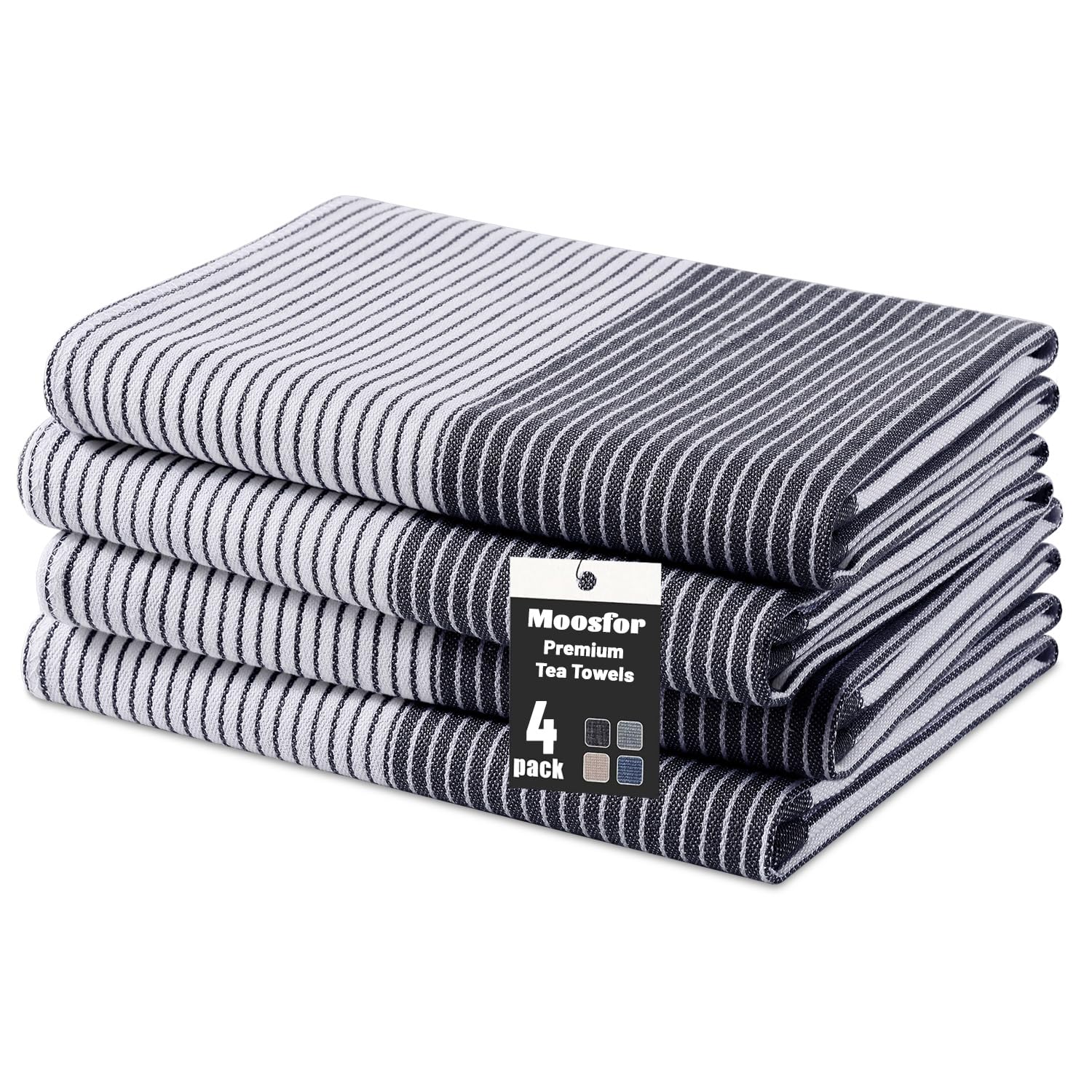Moosfor 100% Organic Cotton Tea Towels Extra Large, Highly Absorbent Soft Dish Cloths, Lint Free Quick Drying kitchen towel, Premium Dish Towels for Kitchen, Pack of 4, 46 x 72 cm, Black