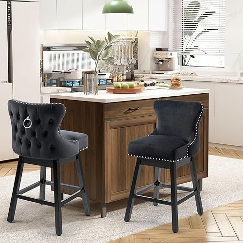 ECOTOUGE Swivel Bar Stools Set of 2, 29" Seat Height Counter Stools with Tufted Back & Wood Legs, Velvet Cover with Pull Ring for Kitchen Island, Pub & Dining Room, Black