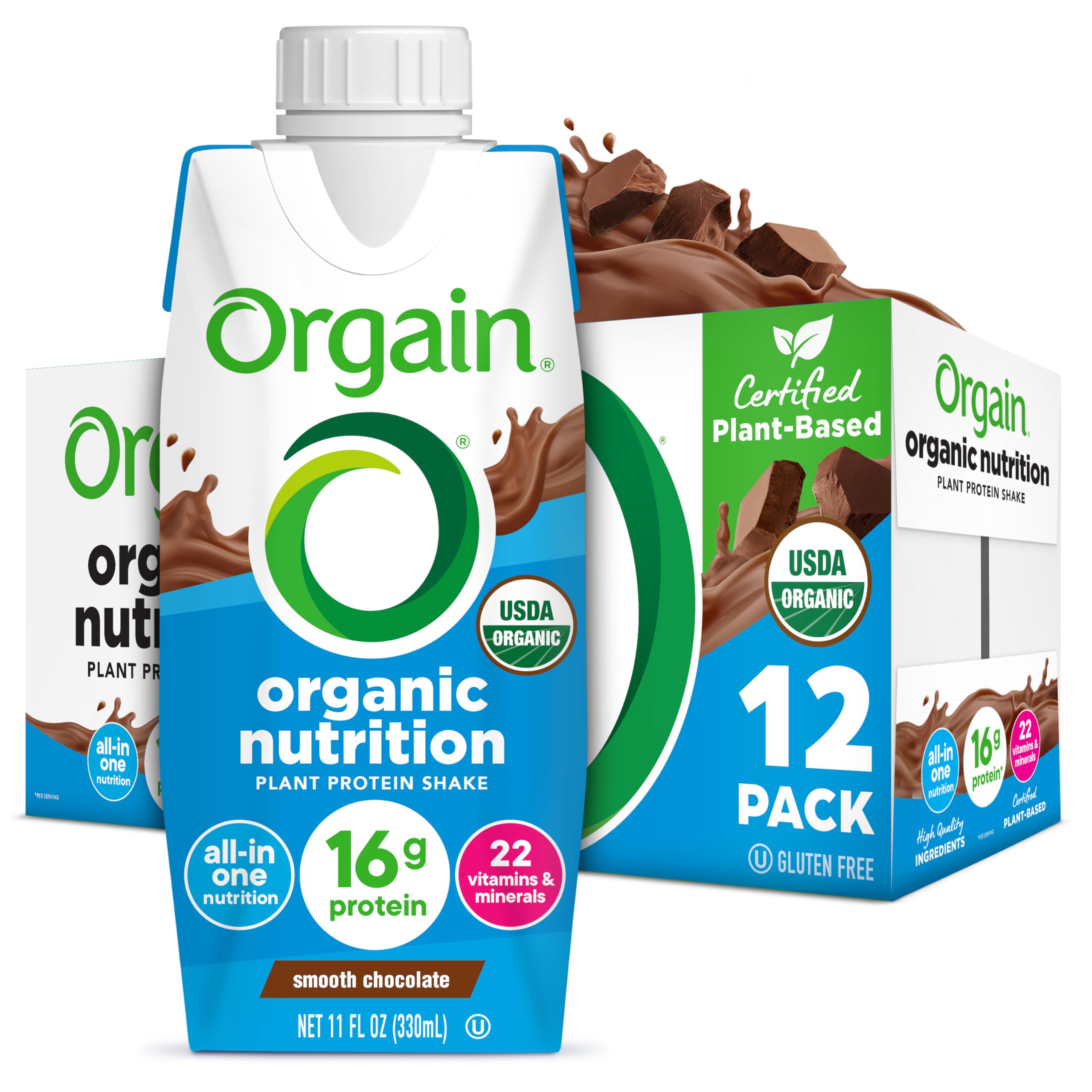 Organic Nutritional Vegan Protein Shake, Smooth Chocolate - 16g Plant Based Protein, Meal Replacement, 22 Vitamins & Minerals, Fruits & Vegetables, Gluten Free, Non-GMO, 11 Fl Oz (Pack of 12)