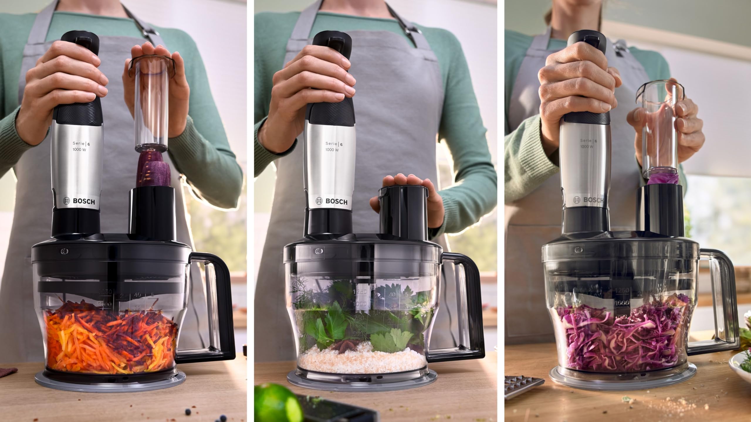 Bosch Serie 6 Frullatore a Immersione ErgoMaster MSM6M673, 1000 W, Ergonomico, Regolazione Dinamica della Velocità, Lame in Acciaio Inox, Tanti Accessori Inclusi, Bicchiere Graduato, Nero
