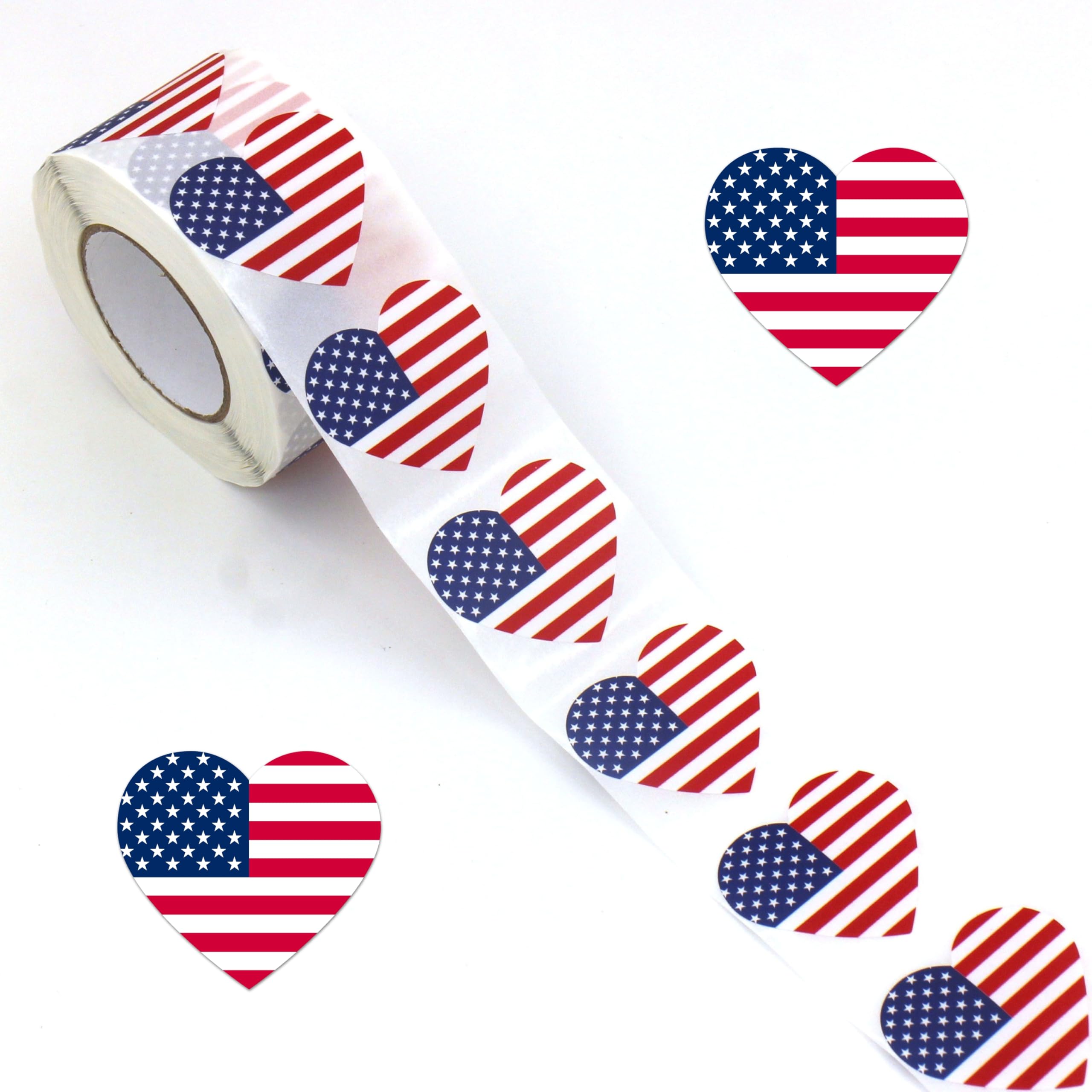 Masper 500 Heart-Shaped American Flag Stickers, 1.5 inches Waterproof Patriotic Stickers, USA Flag Design for Patriotic Decorative Party Supplies 4th