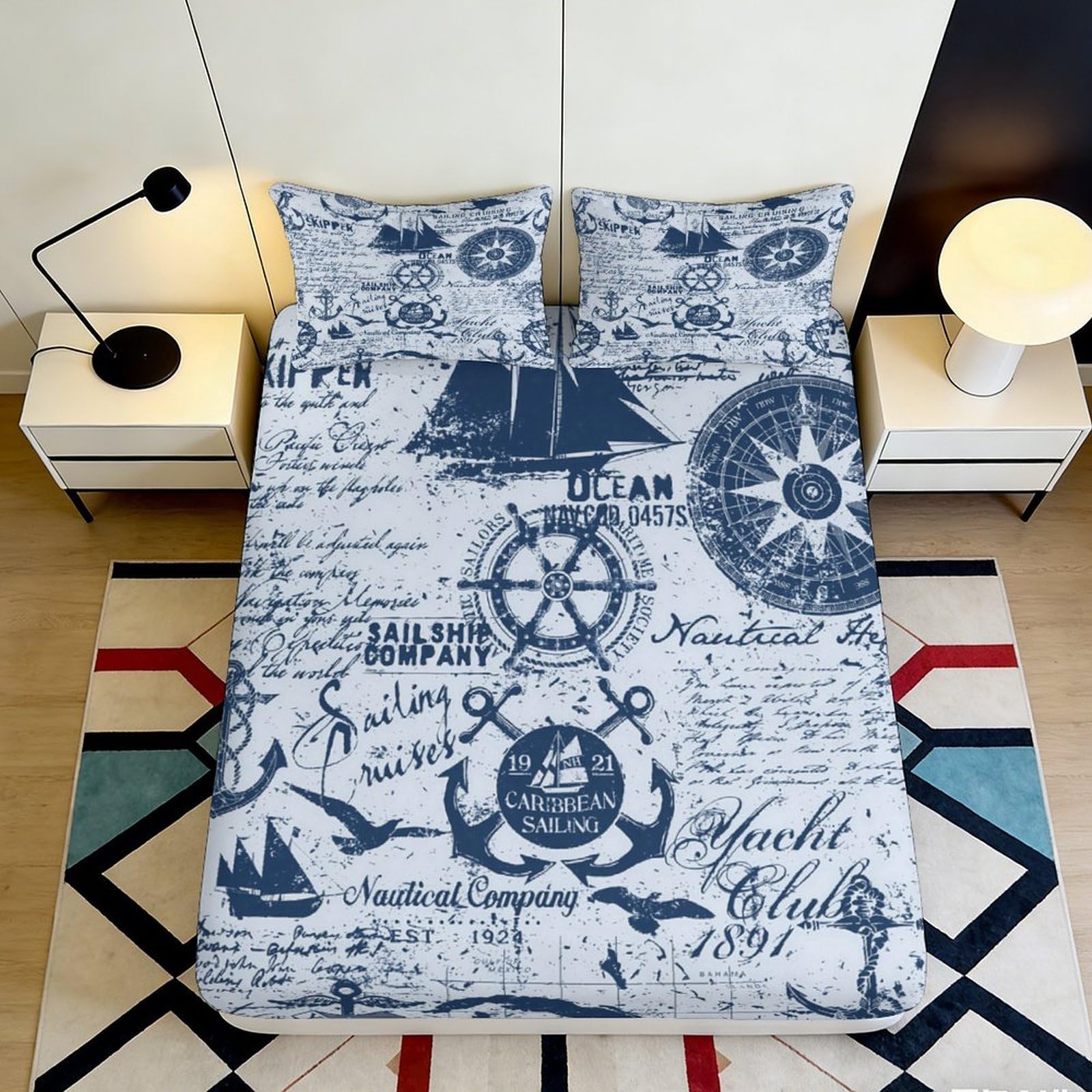 3D Printed Nautical Sailor Ocean Fitted Sheet Microfiber Soft Anti-Slip Anchor Compass Bed Sheet for Bedroom Dorm Decor 90x200x25cm