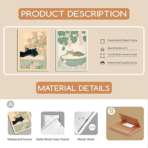 Miniatura 5 de Juego de 2 arte de pared de gato japonés para baño, divertido gato negro en la bañera, pinturas de decoración de pared lindo atigrado de gato