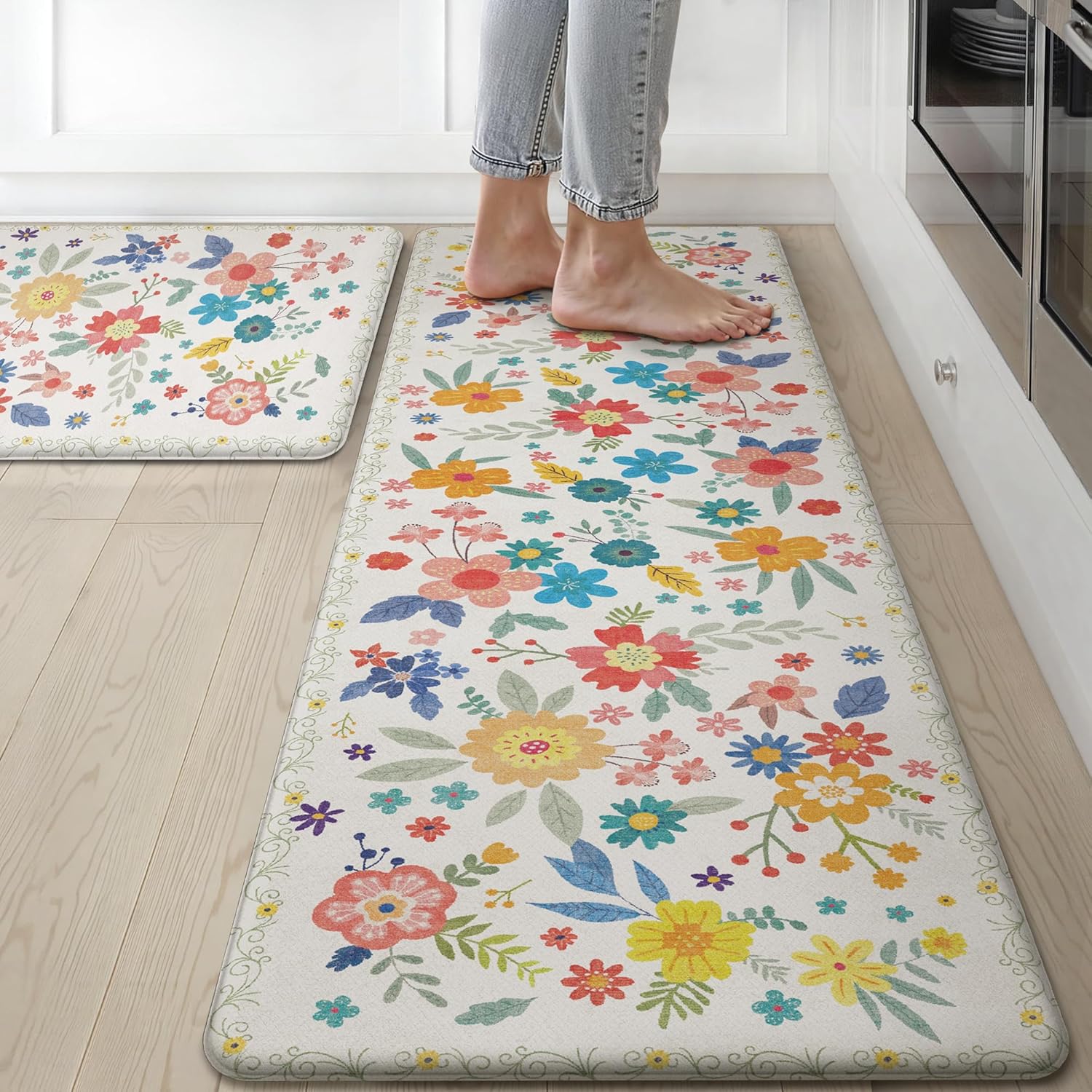GENIMO Kitchen Mats for Floor 2PCS, Cushioned Kitchen Rugs Non Slip Washable, Farmhouse Anti Fatigue Mat Waterproof, Comfort Standing Mat Rug for Office, Home, Laundry, 17.3"x59"+17.3"x30", SoftWhite