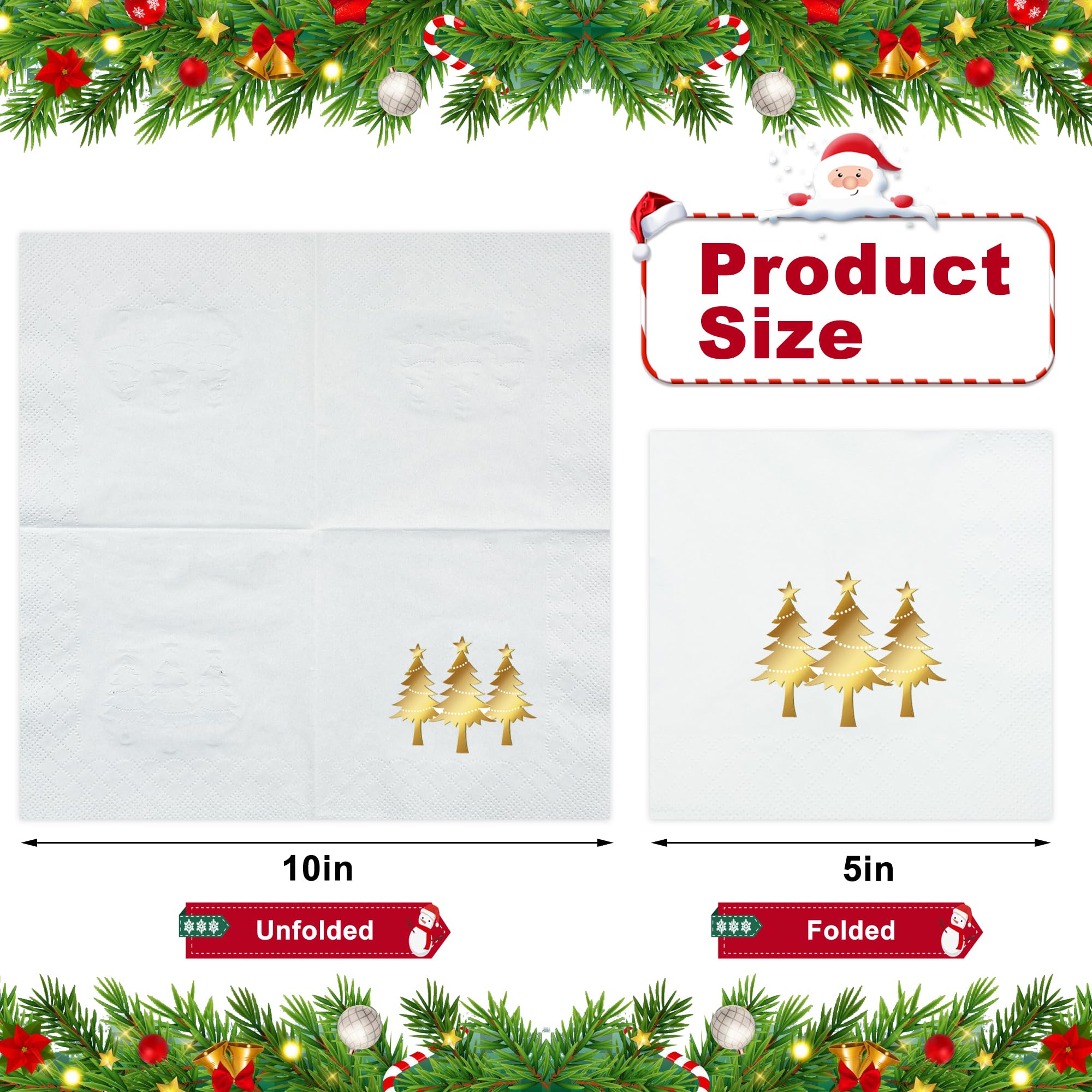 100 servilletas de cóctel de Navidad, servilletas de papel de aluminio dorado, servilletas desechables de árbol de Navidad, servilletas de 3 capas blancas y doradas para Navidad, vacaciones, cocina,