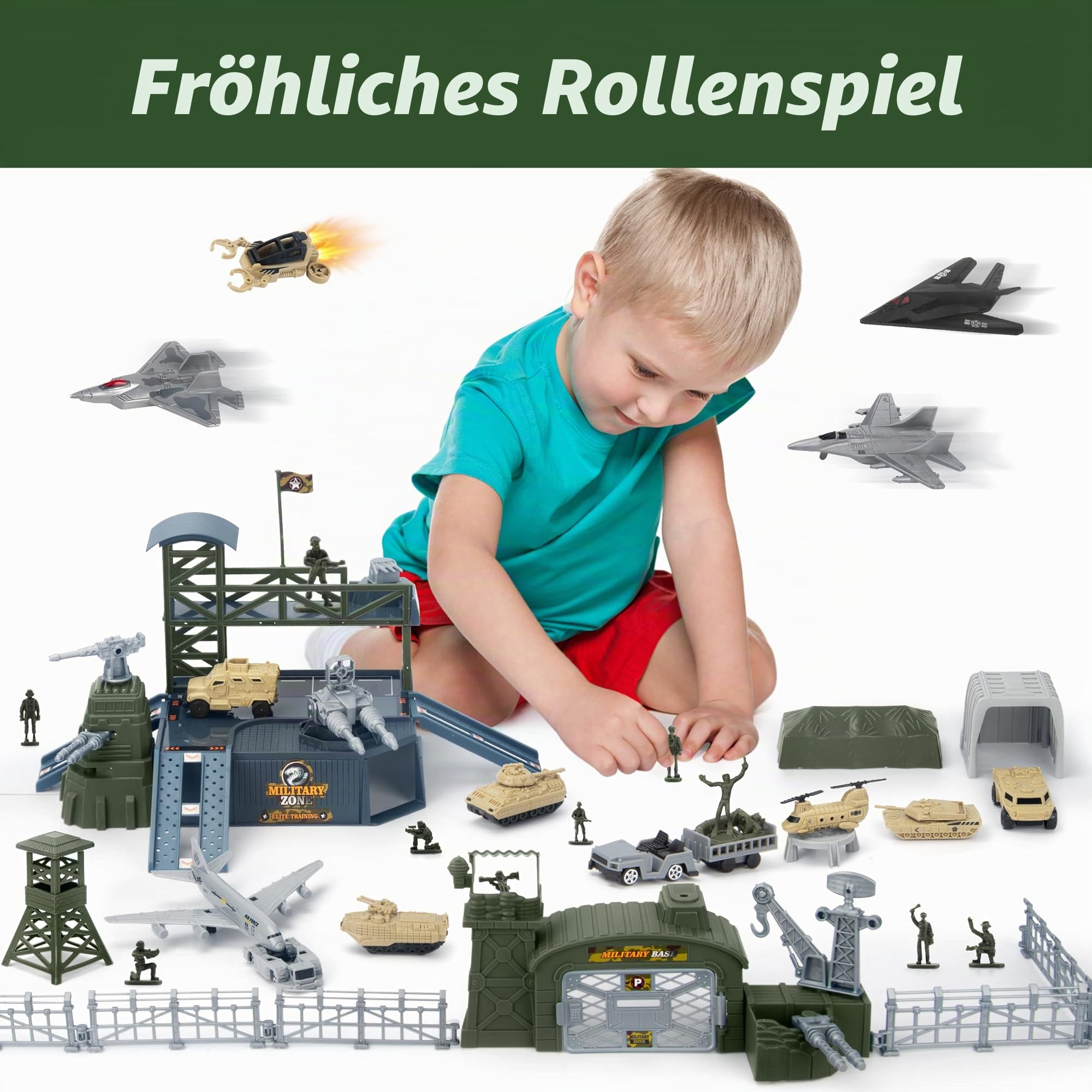 XDUOYJOY Militär Panzer LKW Spielzeug mit 13 Fahrzeugen, Hubschrauber Kampfjet Spielmatte Soldaten Figuren, Geburtstagsgeschenk für Jungen ab 3 Jahren
