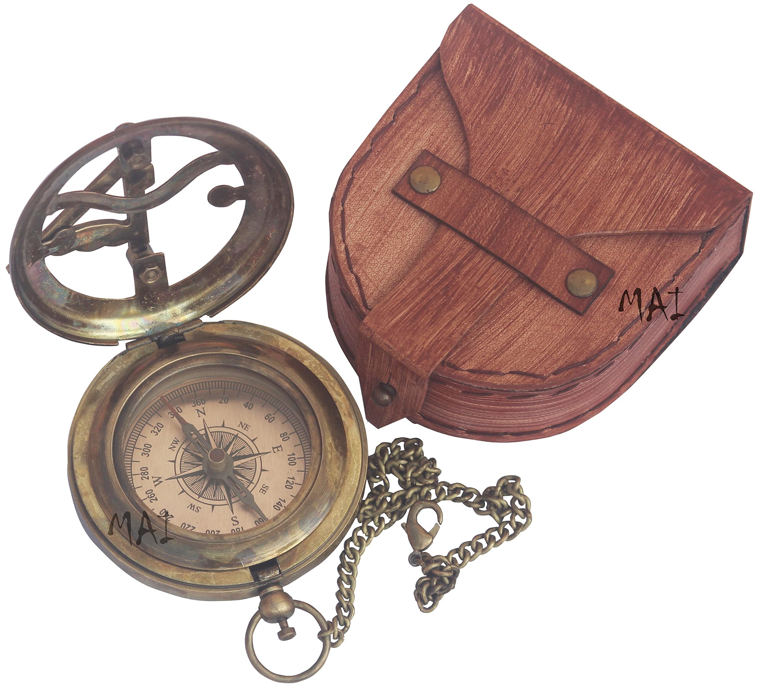 Brújula para reloj de sol de latón con carcasa de cuero y cadena, brújula abierta push-open, accesorios steampunk, estilo vintage antiguo, para camping, senderismo, bonito regalo hecho a mano, reloj