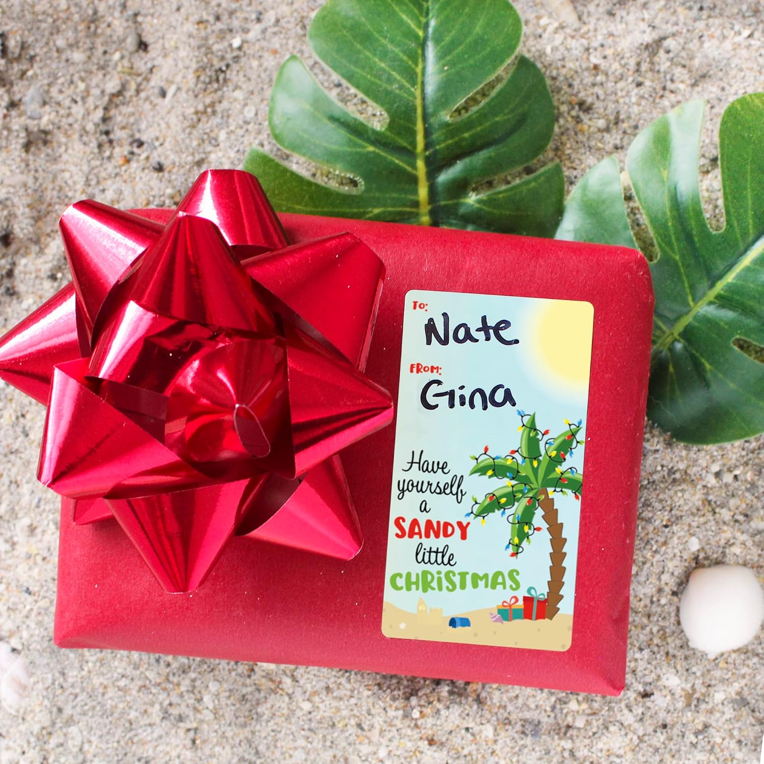 Tropical Christmas Gift Tag Stickers – 75 Labels - Holiday Palm Tree Peel and Stick Gift Wrap Tags – Warmest Wishes and Happy Holidays Self Adhesive Wrapping Paper Stickers : Health & Household