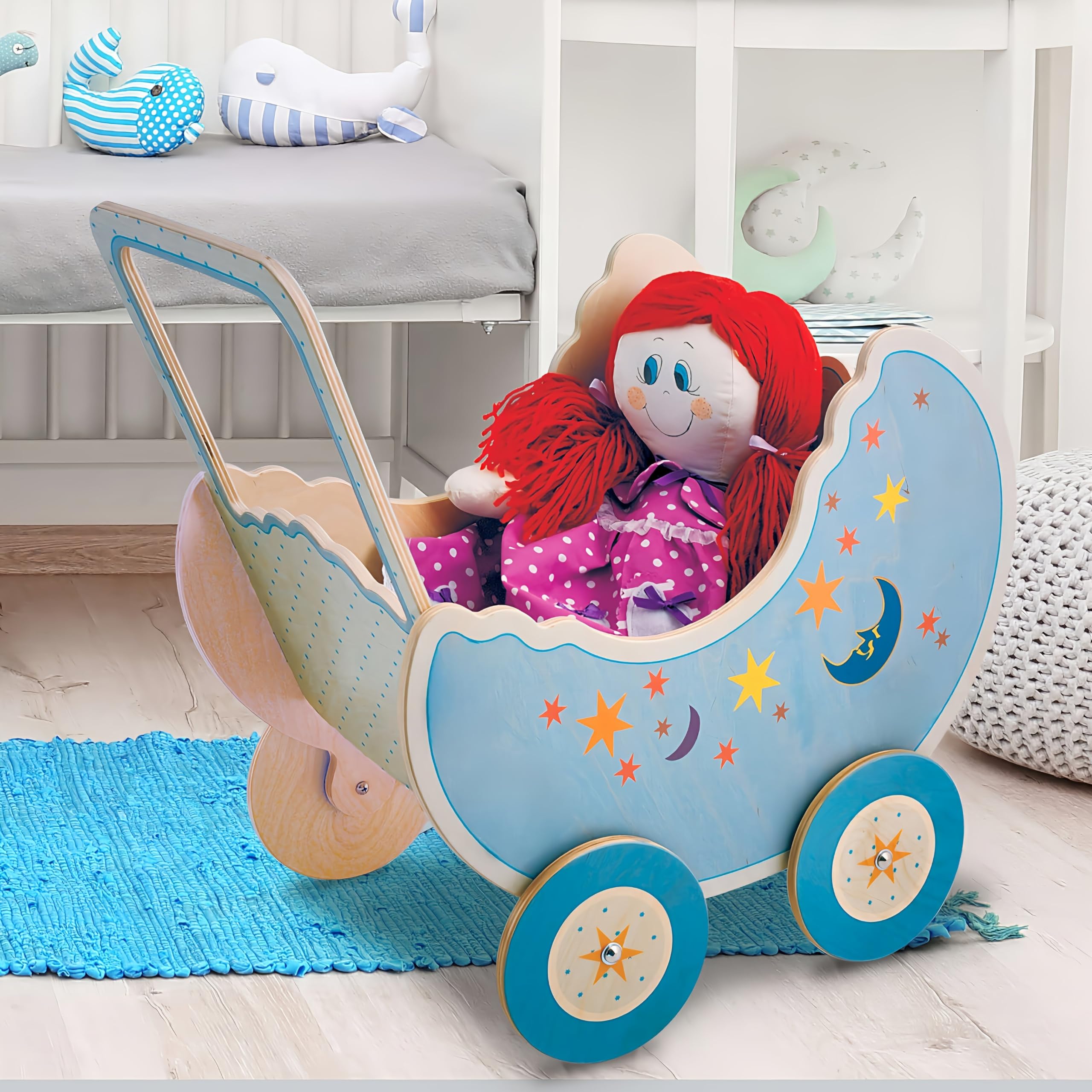 Dida - Carrozzina per Bambole Luna: Realizzato in Legno, Passeggino per Grandi Bambole fino a 50 cm Ideale per i Giochi di Ruolo di Piccole Mamme e Papà, per Bambini 2 3 4 Anni