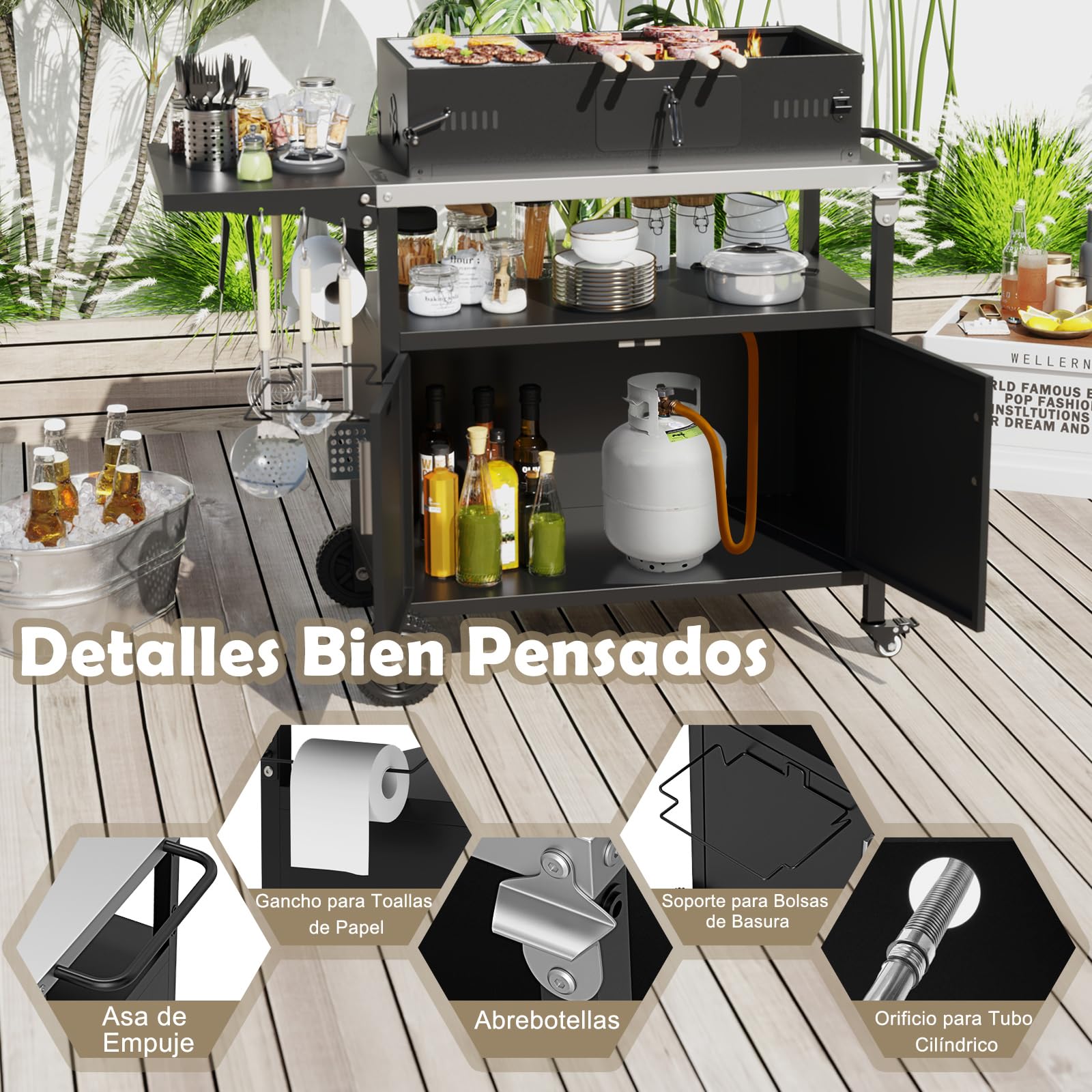 COSTWAY Carro de Barbacoa con Estante Abierto y Armario, Cocina Exterior, Encimera de Acero Inoxidable Plegable, Mueble para BBQ para Picnic, Fiesta, 127 x 50 x 84 cm