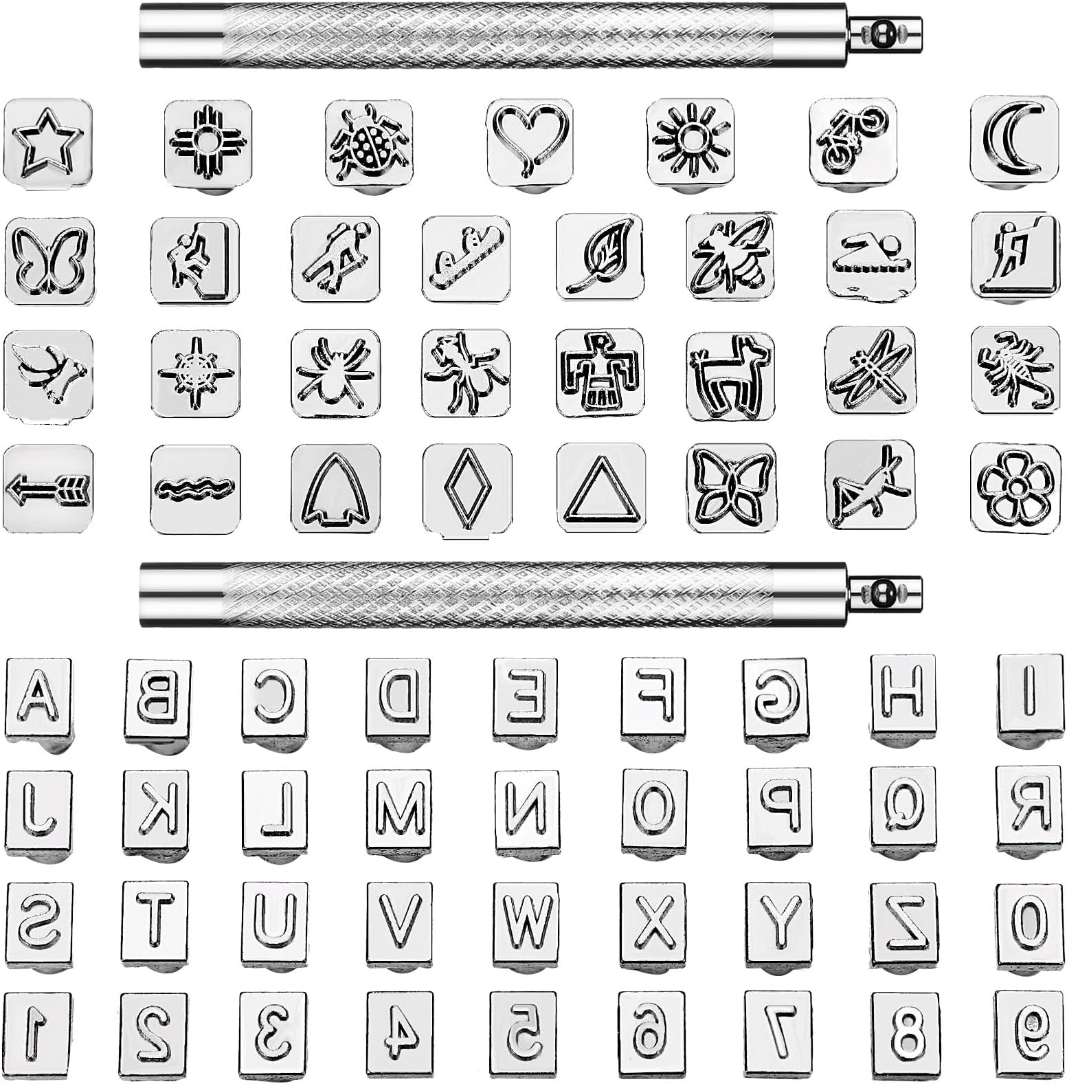WILLBOND 70 Pieces Leather Craft Stamping Tools Include 68 Pieces Alphabet, Number and Pattern Leather Craft Stamps, 2 Pieces Leather Punch Tools