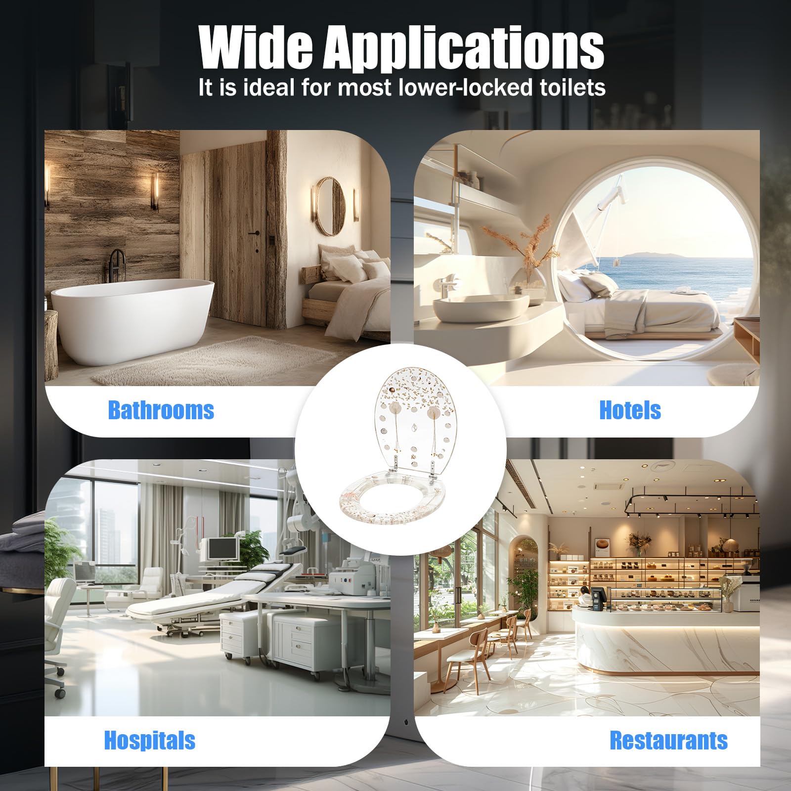 Resin Toilet Seat, Slow Close Elongated Toilet Seat with 2 Hinges, Transparent Thickened Shell Design Toilet Cover Anti Pollution for Most Lower-locked Toilets 16.73x13.98x1.97In 330Lbs