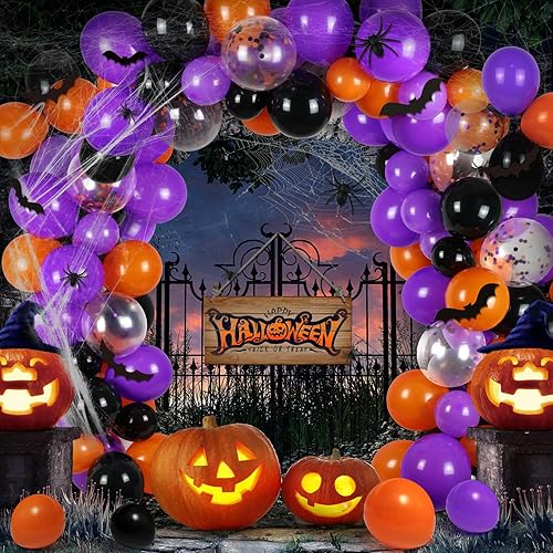 Globos de decoración de Halloween, kit de guirnalda de arco de globos de 124 piezas con telarañas, decoración de Halloween para interiores y