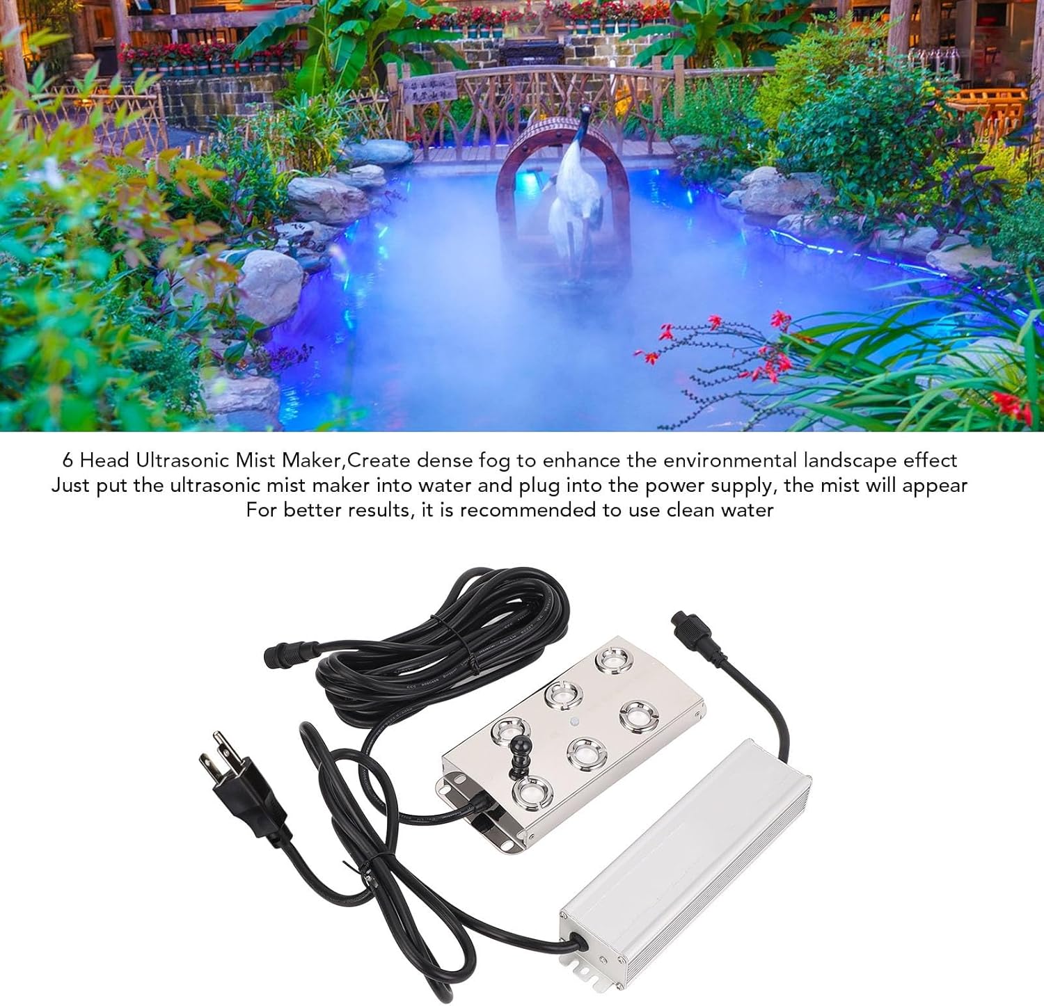 Ultrasonic Mist Maker, 6 Head Stainless Steel Fogger with IP67 Power Supply, 5L / H High Output Pond Mist Maker for Outdoor Landscape Garden