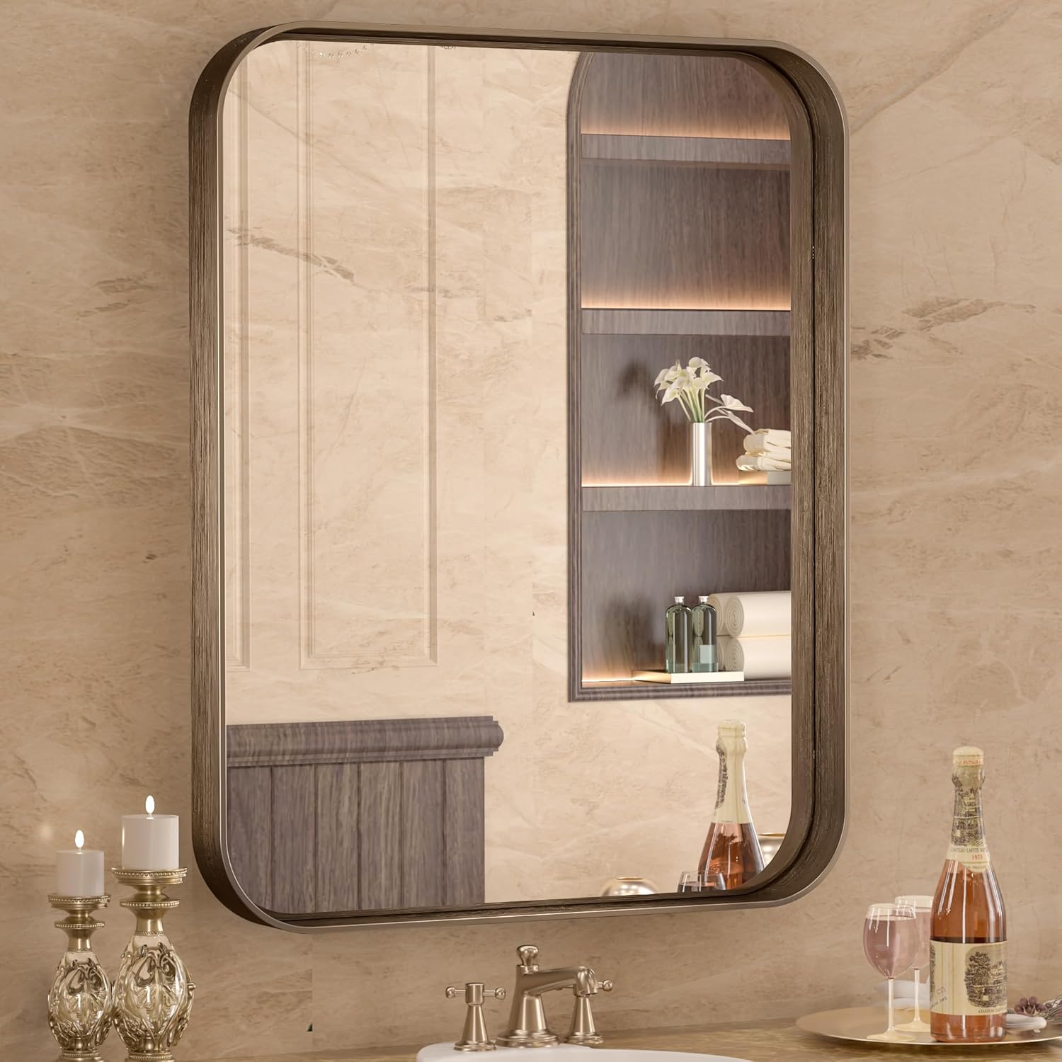 TETOTE 24 x 30 Inch Bronze Vanity Mirror, Trimmed Wall Mounted ...