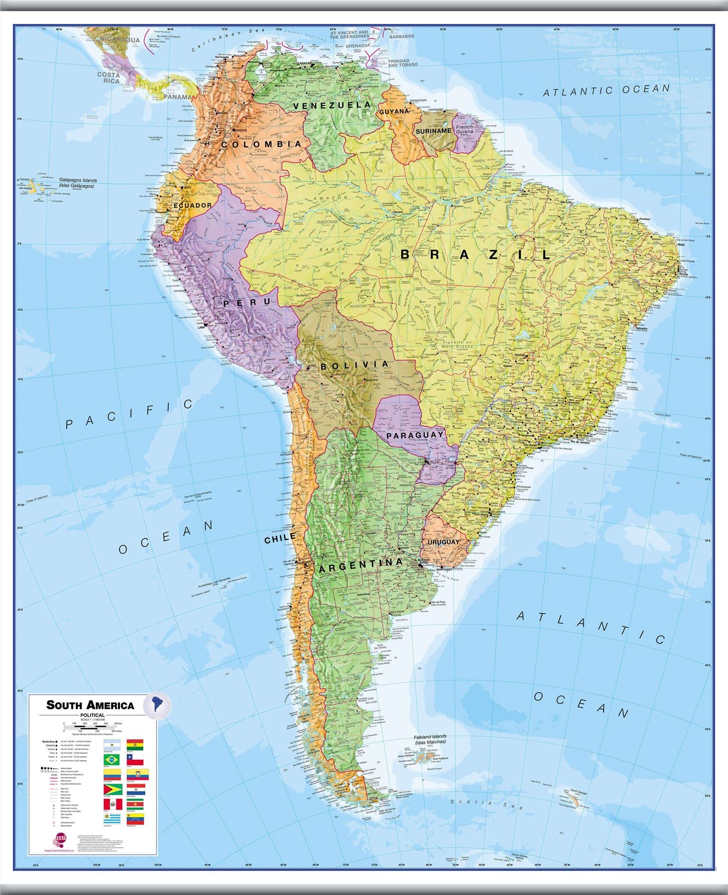 South America Huge Political Wall Map Hanging bars