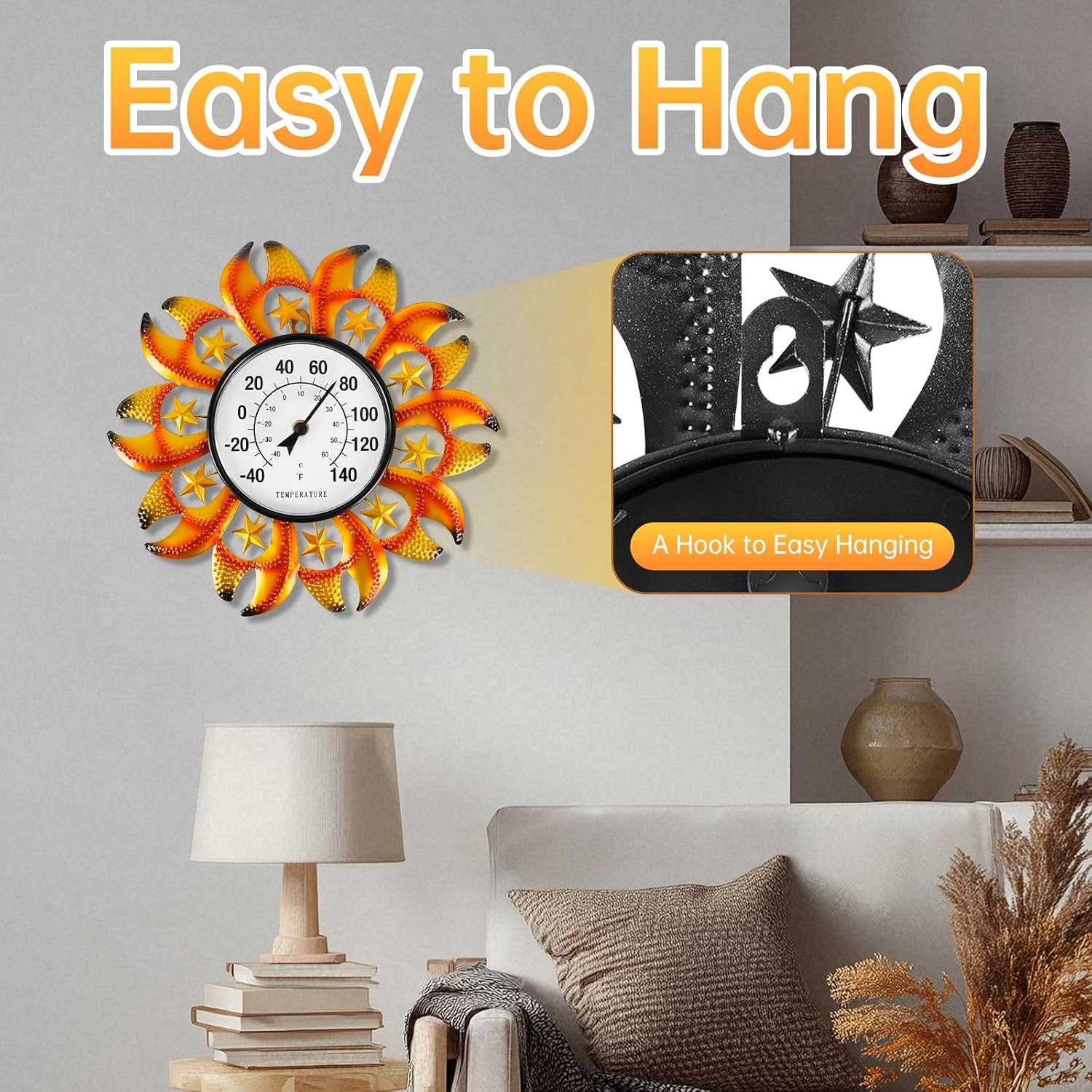 Metal Sun Wall-Mounted Outdoor Thermometers, 13.25 Inch Indoor Outdoor Thermometer Decorative for Patio, Living Room,Wine Cellar, Garden Home Decor, No Batteries Required